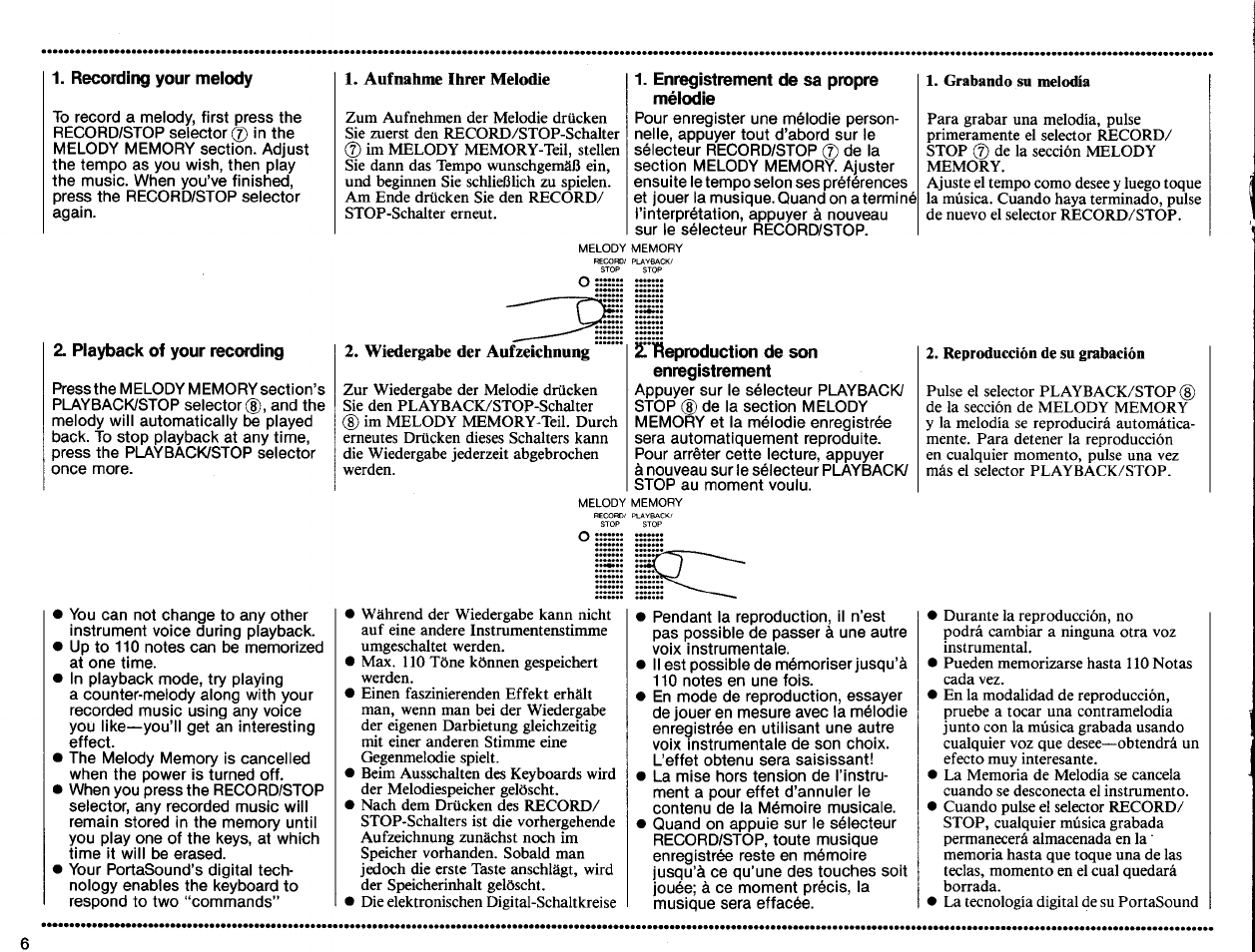 Playback of your recording, Enregistrement de sa propre mélodie, Wiedergabe der aufzeichnung | Sl'yteproduction de son enregistrement | Yamaha PSS-130 User Manual | Page 8 / 12