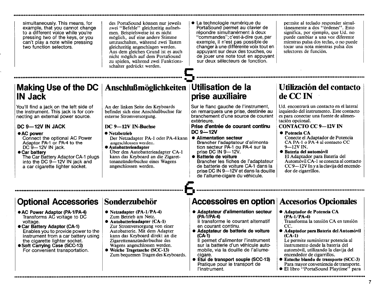 Making use of the dc in jack, Dc 9-12v in jack, Utilisation de la prise auxiliaire | Prise d’entrée de courant continu dc 9—12v, Optional accessories, Accessoires en option, Anschlußmögliclikeiten, Utifizadón del contacto deccin, Sondeizubehor, Accesorios opcionales | Yamaha PSS-130 User Manual | Page 9 / 12