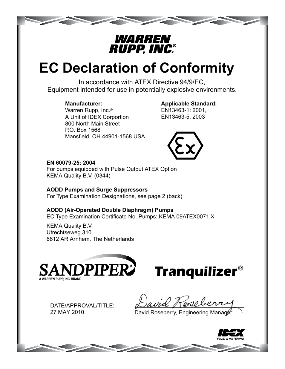 Ec declaration of conformity | SANDPIPER SA25 User Manual | Page 17 / 18