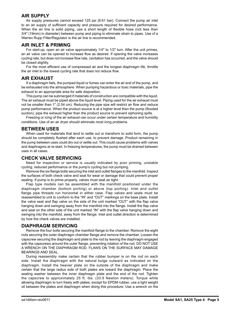 Air supply, Air inlet & priming, Air exhaust | Between uses, Check valve servicing, Diaphragm servicing | SANDPIPER SA25 User Manual | Page 6 / 18