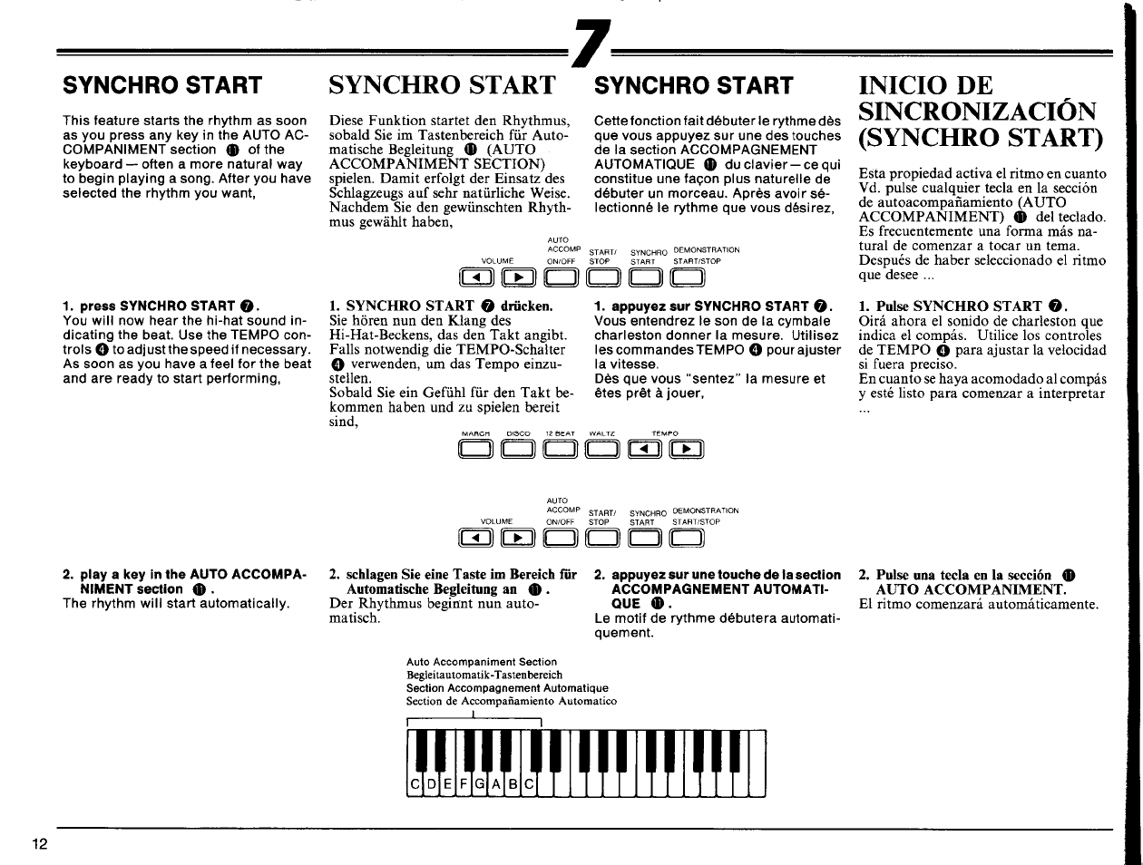 Synchro start, Press synchro start o, Appuyez sur synchro start o | Play a key in the auto accompaniment section 0, Inicio de sincronización (synchro start) | Yamaha PSS-140 User Manual | Page 13 / 31