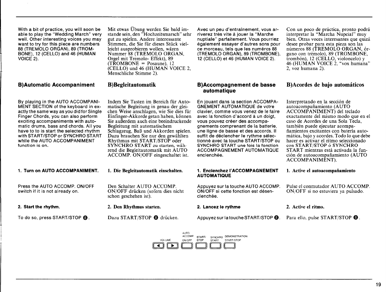 B)accompagnement de basse automatique, B)acordes de bajo automáticos, Enclenchez taccompagnement automatique | Start the rhythm | Yamaha PSS-140 User Manual | Page 20 / 31