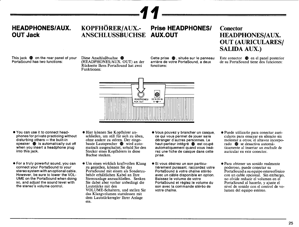 Headphones/aux. out jack, Kopfhörer/aux.- prise headphones, Kopfhörer/aux | Anschlussbuchse | Yamaha PSS-140 User Manual | Page 26 / 31
