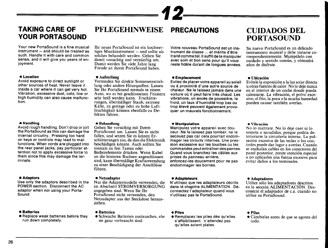 Taking care of your portasound, Location, Aufstellung | Emplacement, Ubicación, Handling, Behandlung, Manipulation, Vibración, Adaptors | Yamaha PSS-140 User Manual | Page 27 / 31
