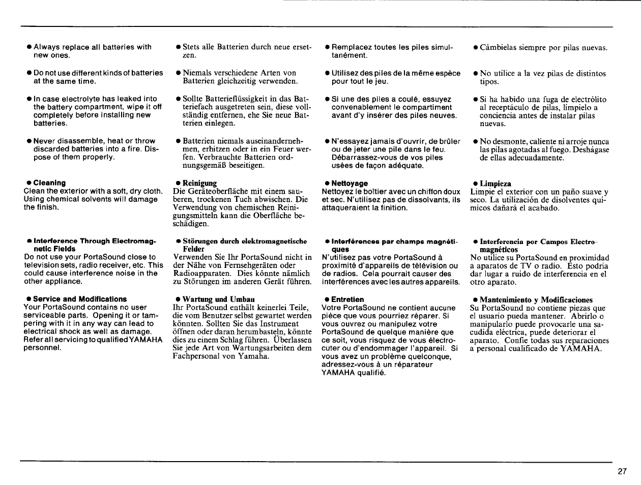 Cleaning, Reinigung, Nettoyage | Limpieza, Interference through electromagnetic fields, Service and modifications, Störungen durch elektromagnetische felder, Wartung und umbau, Interférences par champs magnétiques, Entretien | Yamaha PSS-140 User Manual | Page 28 / 31