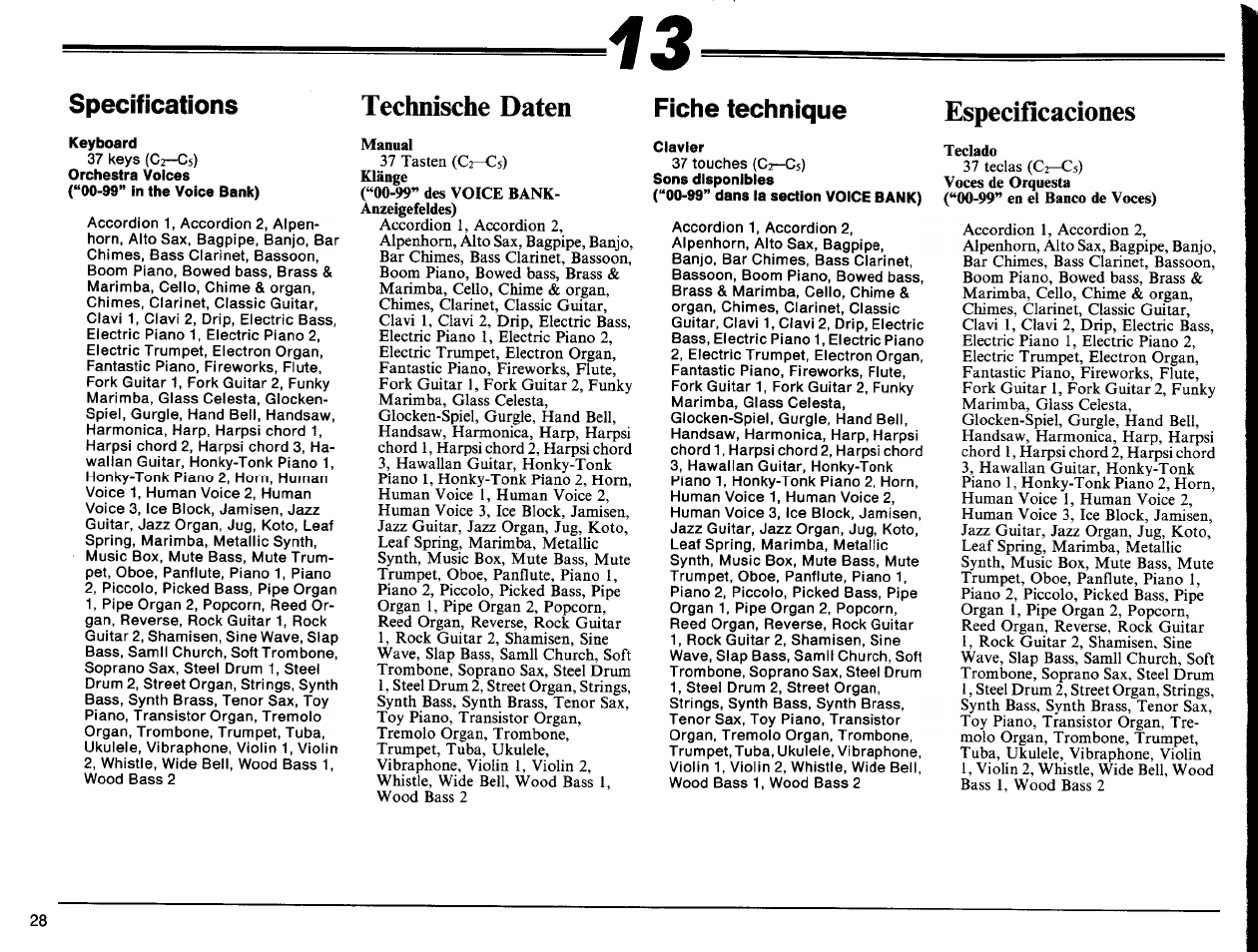 Specifications, Fiche technique, Technische daten | Espedficadones | Yamaha PSS-140 User Manual | Page 29 / 31