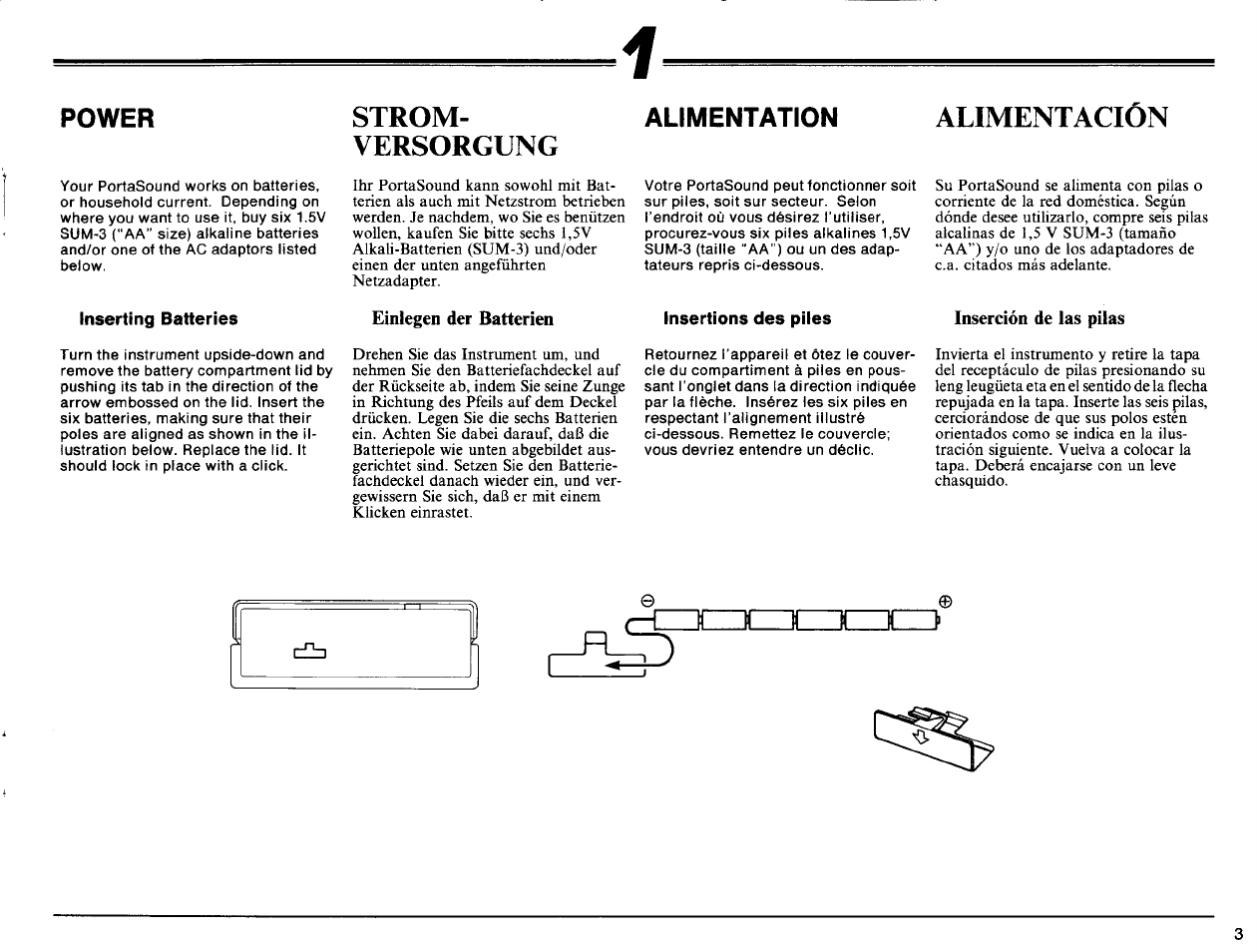 Alimentation, Inserting batteries, Einlegen der batterien | Insertions des piles, Inserción de las pilas, Strom­ versorgung, Alimentación, Power | Yamaha PSS-140 User Manual | Page 4 / 31
