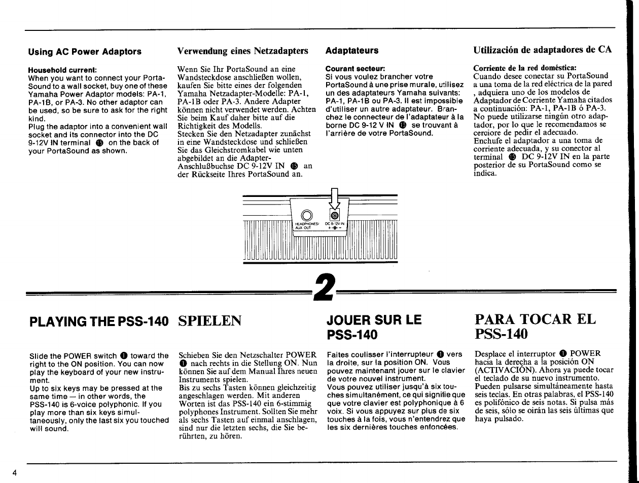 Household current, Courant secteur, Corriente de ia red doméstica | Playing the pss-140 spielen, Jouer sur le pss-140, Spielen, Para tocar el pss-140, Playing the pss-140 | Yamaha PSS-140 User Manual | Page 5 / 31
