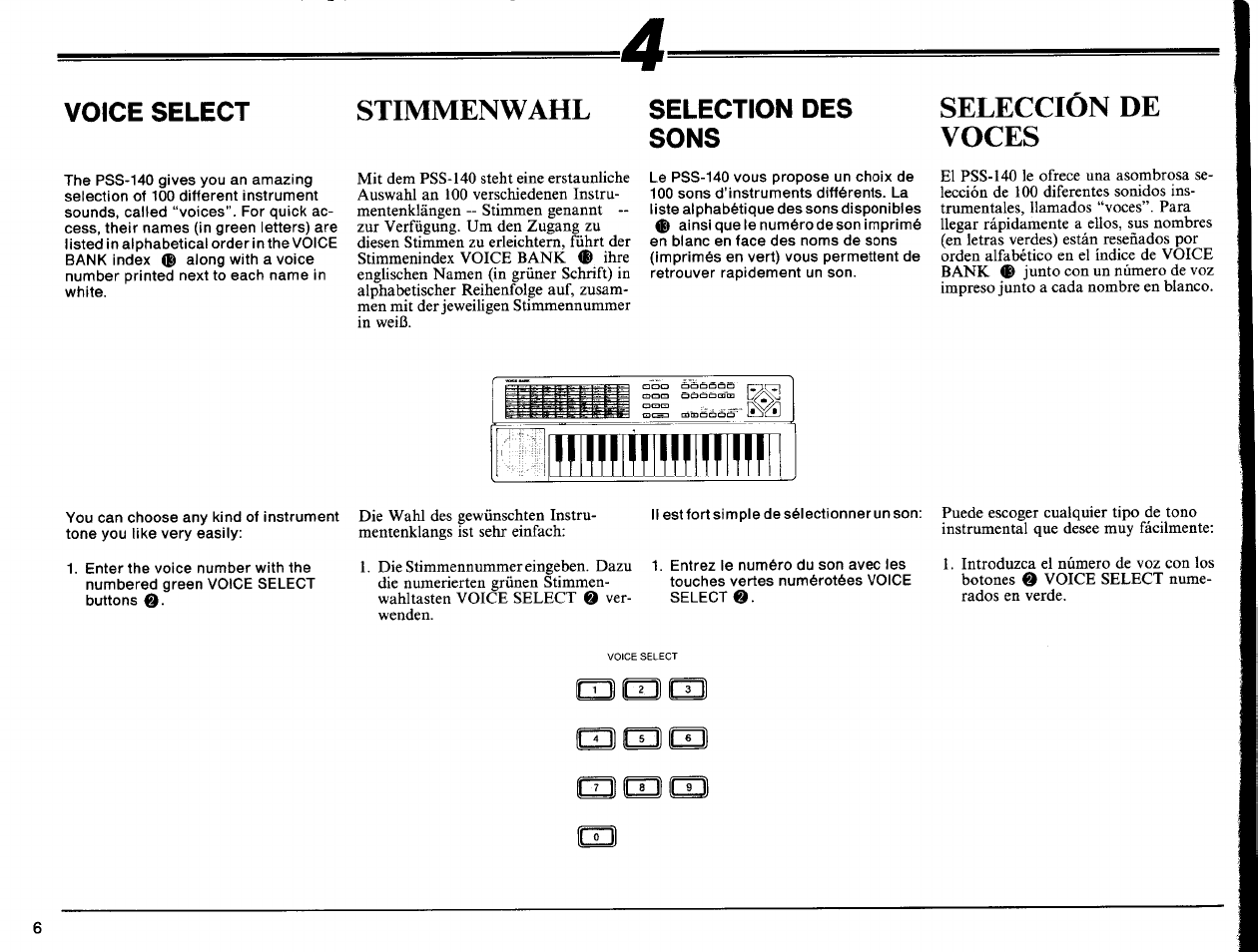 Voice select, Selection des sons, Stimmenwahl | Selección de voces, Ql mi mi | Yamaha PSS-140 User Manual | Page 7 / 31