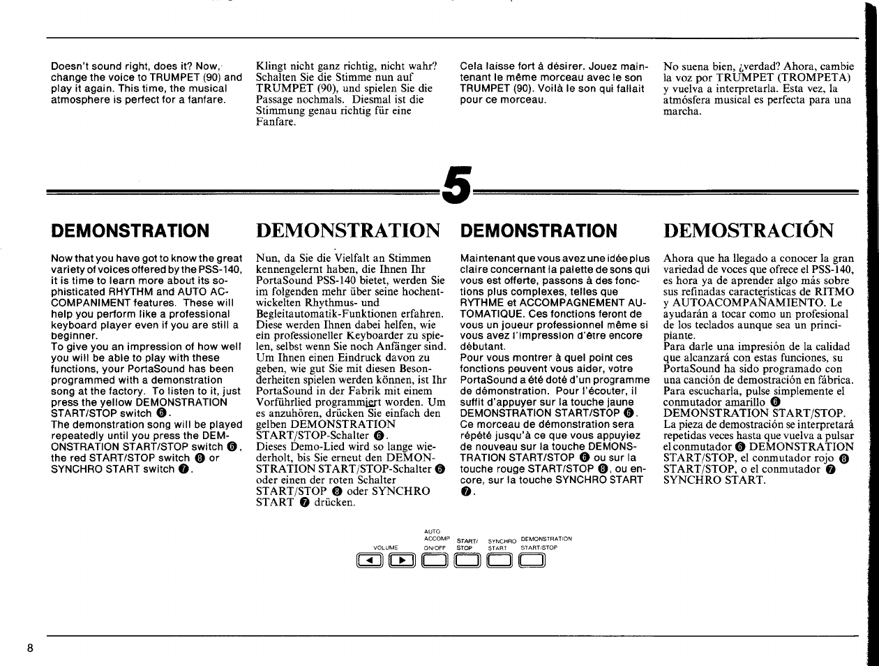 Demonstration, Demostración | Yamaha PSS-140 User Manual | Page 9 / 31