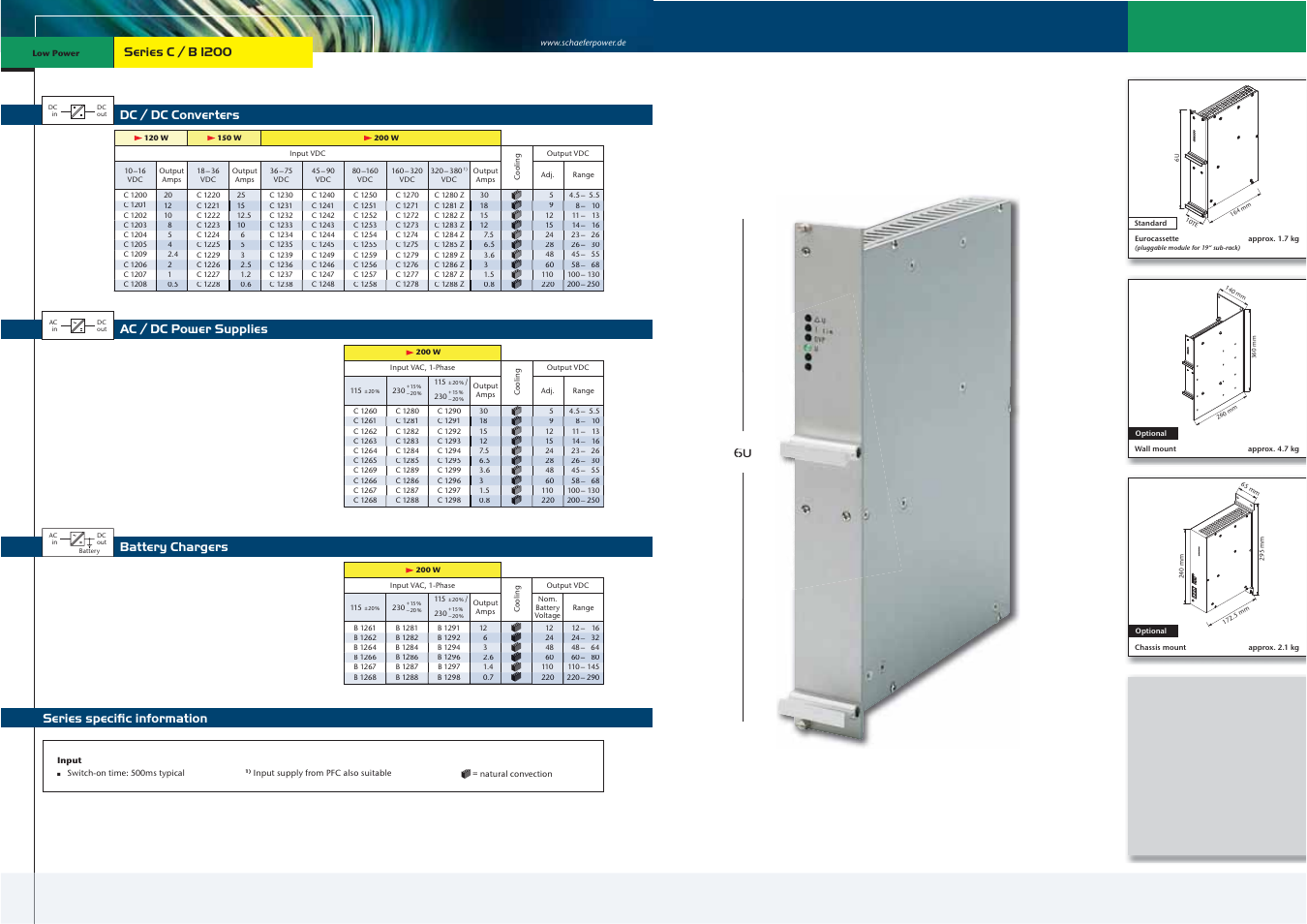 Dc / dc converters, Battery chargers, Series speciﬁc information ac / dc power supplies | Series c / b 1200 | Schaefer Series C/B 1200 User Manual | Page 3 / 13