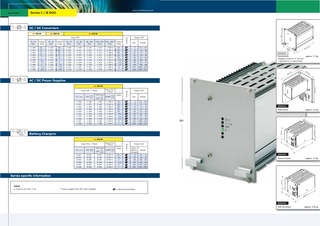 Dc / dc converters, Battery chargers, Series speciﬁc information ac / dc power supplies | Series c / b 500, 3u u u | Schaefer Series C/B 500 User Manual | Page 3 / 13