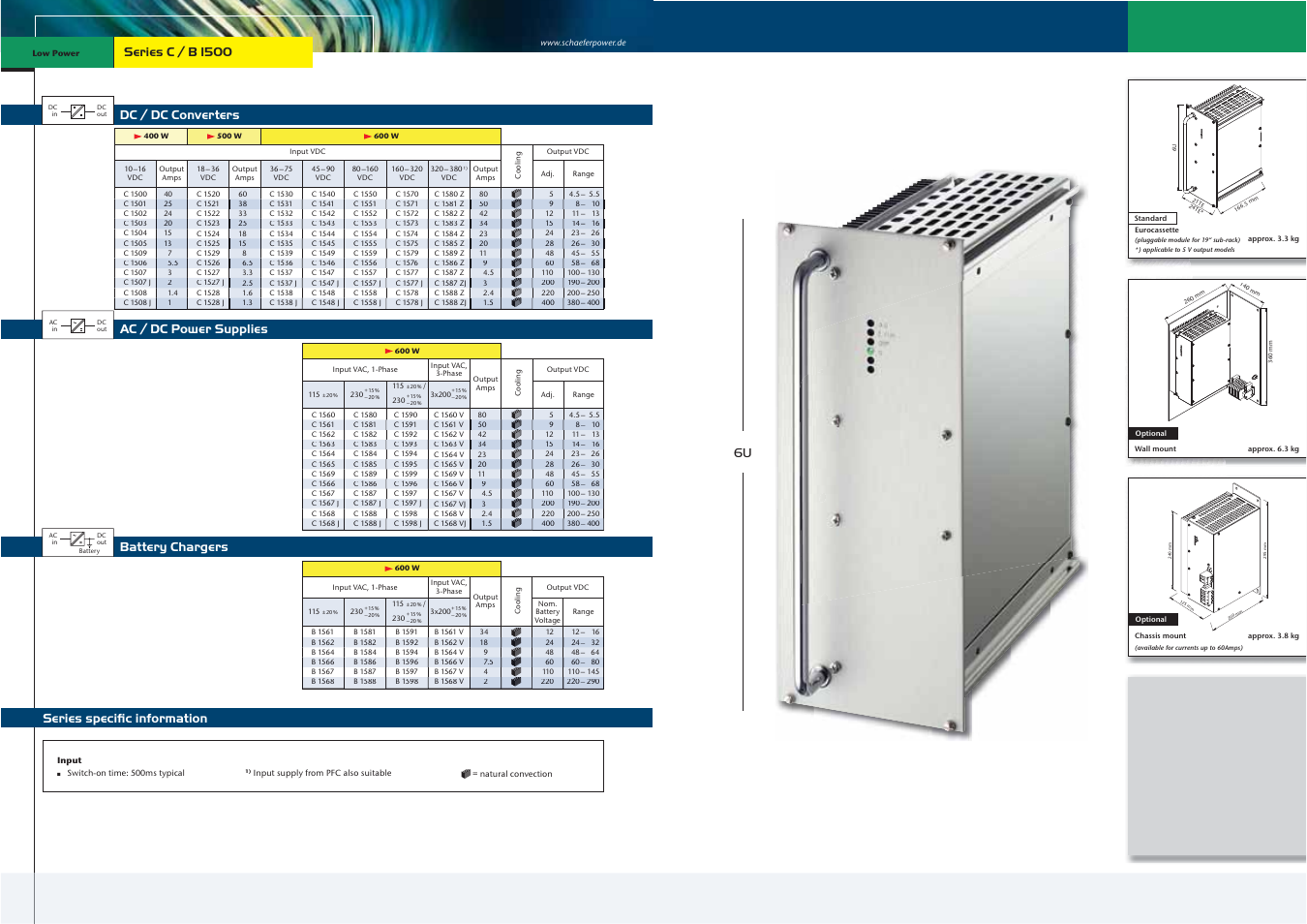 Dc / dc converters, Battery chargers, Series speciﬁc information ac / dc power supplies | Schaefer Series C/B 1500 User Manual | Page 3 / 13