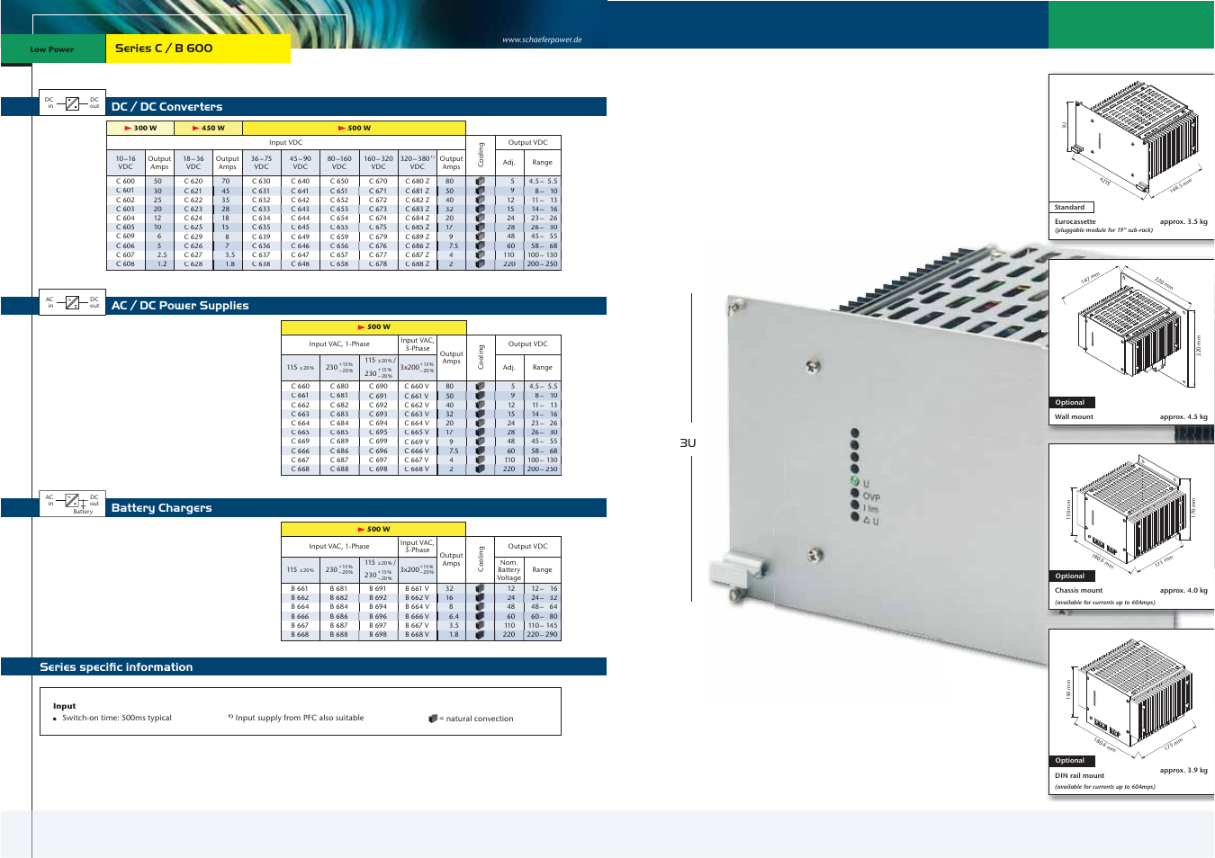 Dc / dc converters, Battery chargers, Series speciﬁc information ac / dc power supplies | Series c / b 600 3u | Schaefer Series C/B 600 User Manual | Page 3 / 13