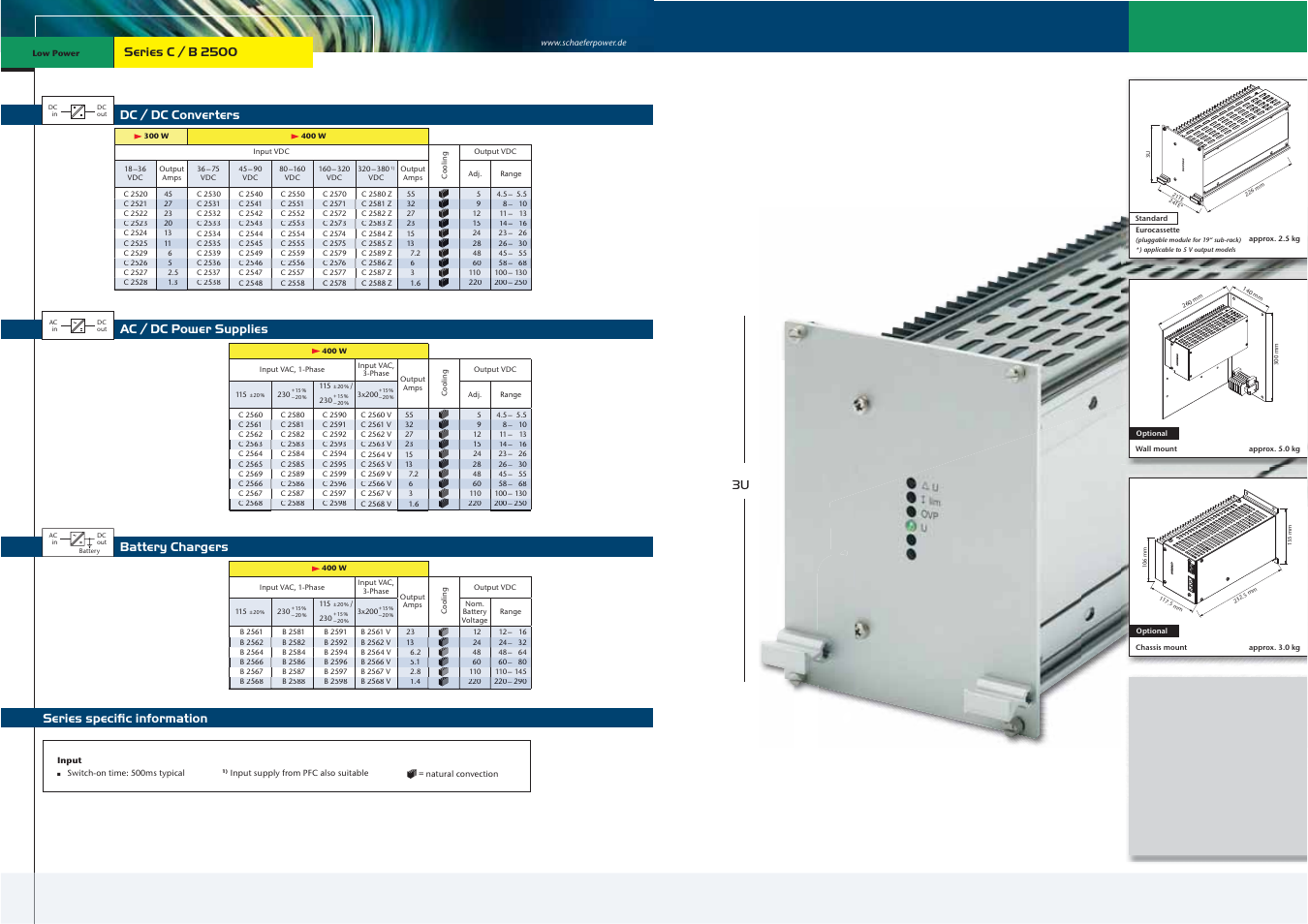 Dc / dc converters, Battery chargers, Series speciﬁc information ac / dc power supplies | Schaefer Series C/B 2500 User Manual | Page 3 / 13