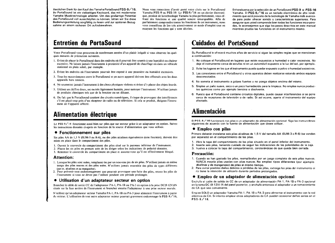 Entretien du portasound, Alimentation électrique, Fonctionnement sur piles | Attention, Utilisation d'un adaptateur secteur en option, Cuidados del portasound, Empleo con pilas, Precaución, Empleo de un adaptador de alimentación opcional, Alimentación | Yamaha PSS-16 User Manual | Page 2 / 11