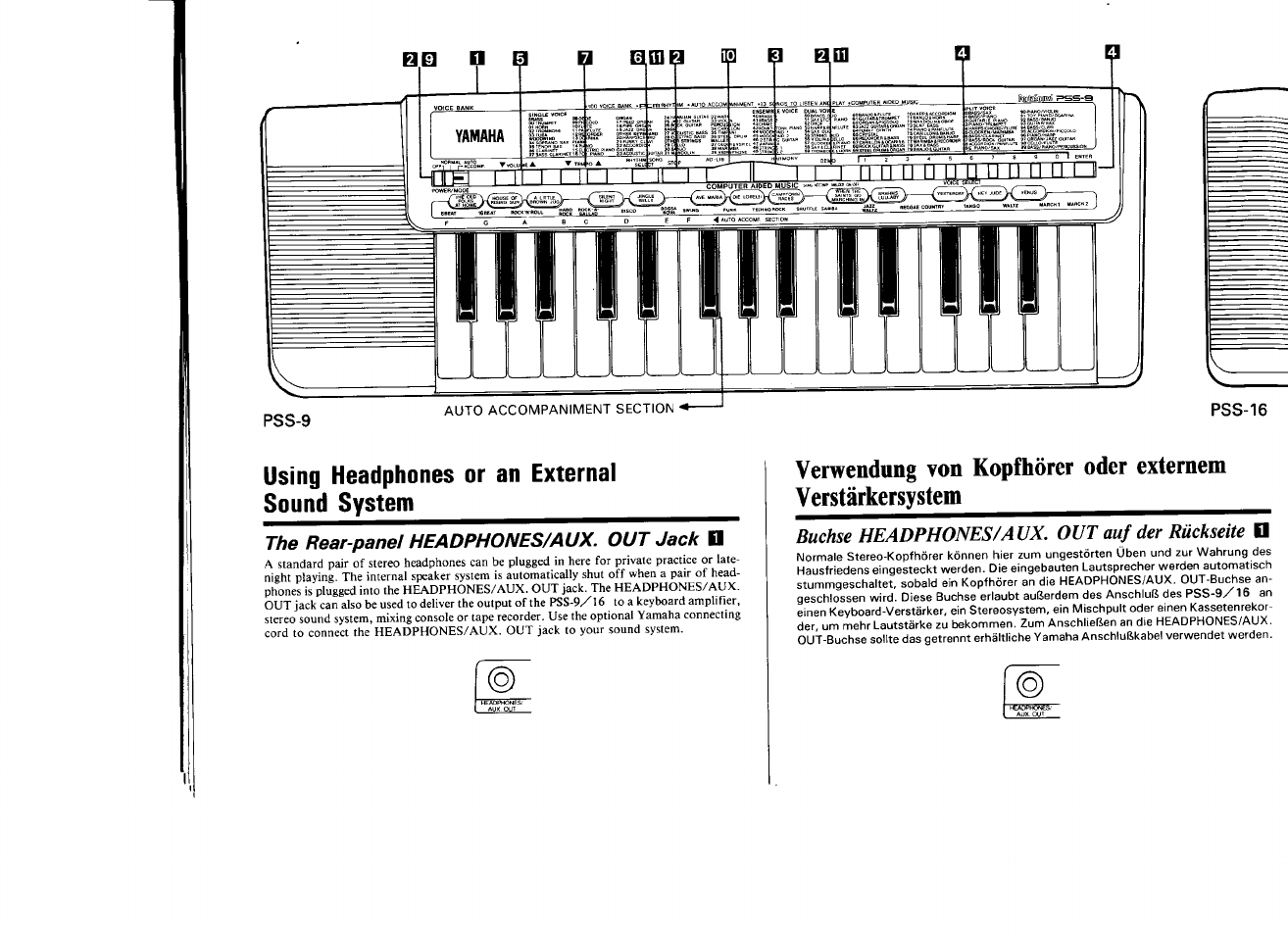 Pss-16, Using headphones or an external sound system, The rear-panel headphones/aux. out jack d | Buchse headphones/aux. out auf der rückseite | Yamaha PSS-16 User Manual | Page 3 / 11