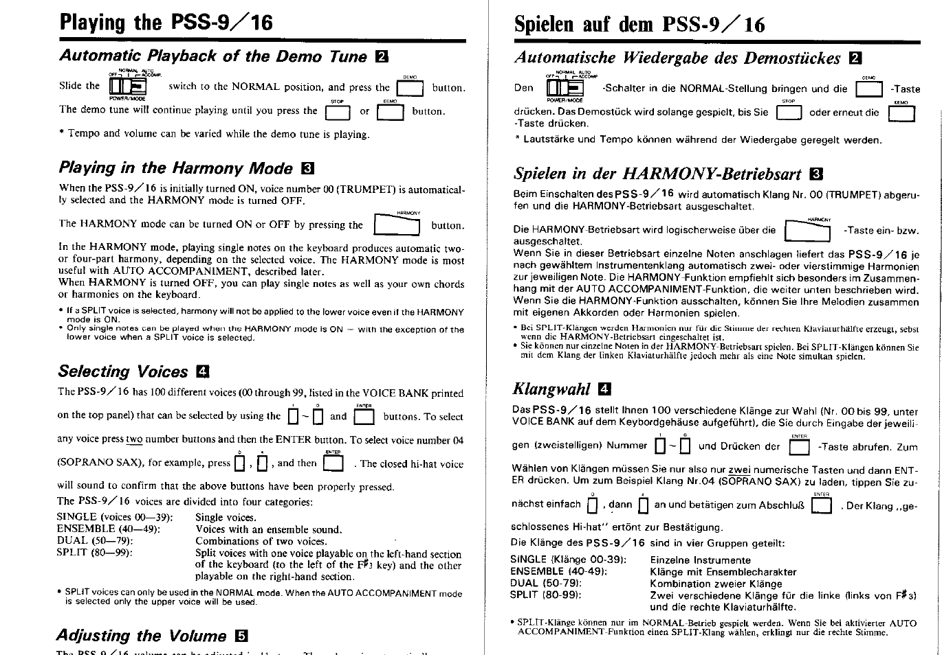 Automatic playback of the demo tune в, Playing in the harmony mode s, Selecting voices | Adjusting the volume ш, Spielen auf dem pss-9/16, Automatische wiedergabe des demostückes b, Spielen in der harmony-betriebsart b, Klangwahl, Playing the pss-9/16, Automatische wiedergabe des demostückes | Yamaha PSS-16 User Manual | Page 5 / 11