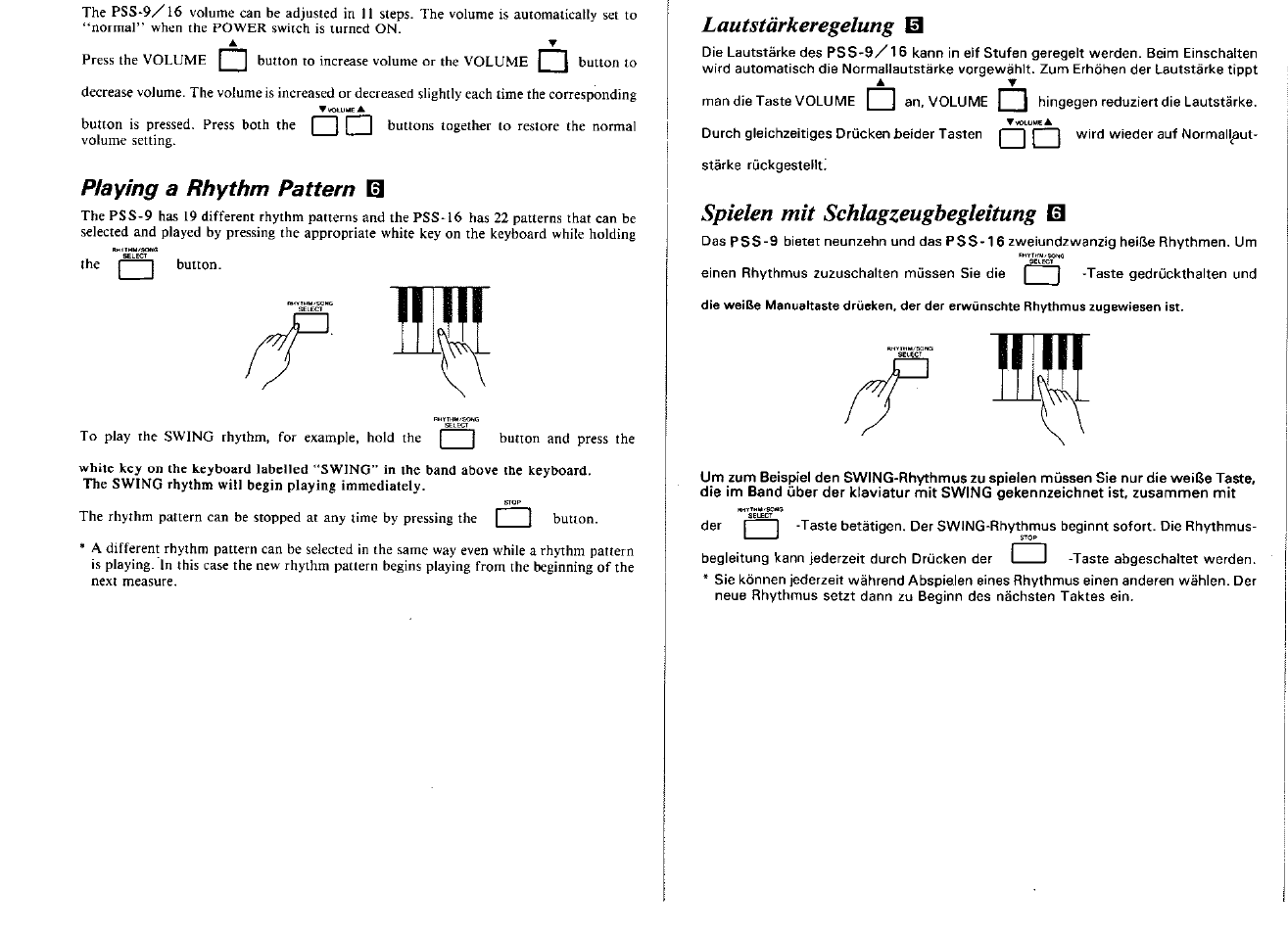 Playing a rhythm pattern s, Spielen mit schlagzeugbegleitung s, Lautstärkeregelung | Spielen mit schlagzeugbegleitung, Playing a rhythm pattern | Yamaha PSS-16 User Manual | Page 6 / 11