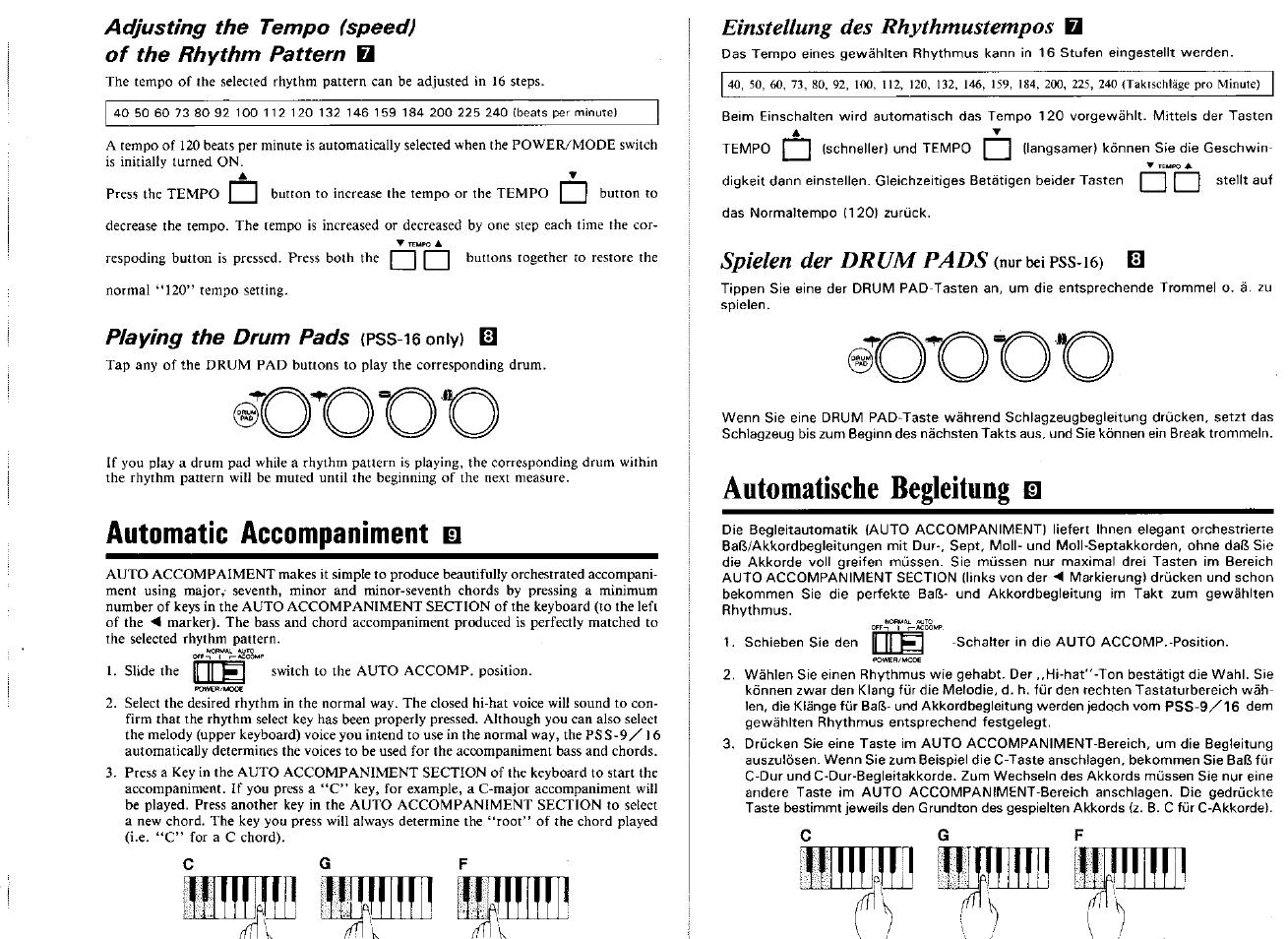 Playing the drum pads {pss-i6 only) b, Automatic accompaniment m, Einstellung des rhythmustempos q | Automatische begleitung ei, Automatische begleitung, Einstellung des rhythmustempos, Spielen der drum pads, Adjusting the tempo (speed) of the rhythm pattern, Playing the drum pads | Yamaha PSS-16 User Manual | Page 7 / 11