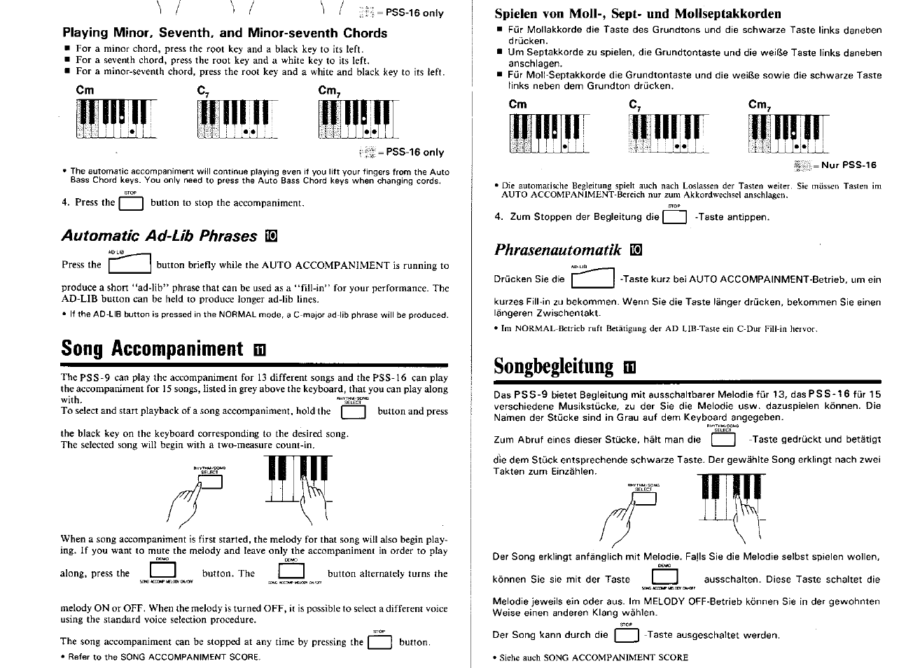 Playing minor, seventh, and minor-seventh chords, Automatic ad-lib phrases, Song accompaniment ш | Spielen von moll-, sept- und mollseptakkorden, Phrasenautomatik [q, Songbegleitnng ш, Phrasenautomatik | Yamaha PSS-16 User Manual | Page 8 / 11