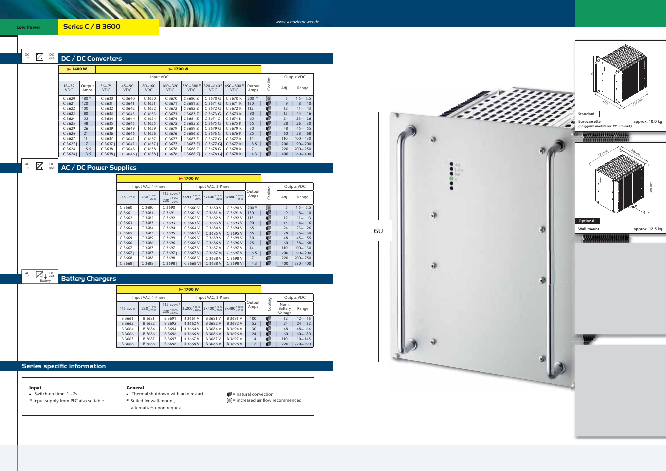 Dc / dc converters, Battery chargers, Series speciﬁc information ac / dc power supplies | Series c / b 3600 | Schaefer Series C/B 3600 User Manual | Page 3 / 13