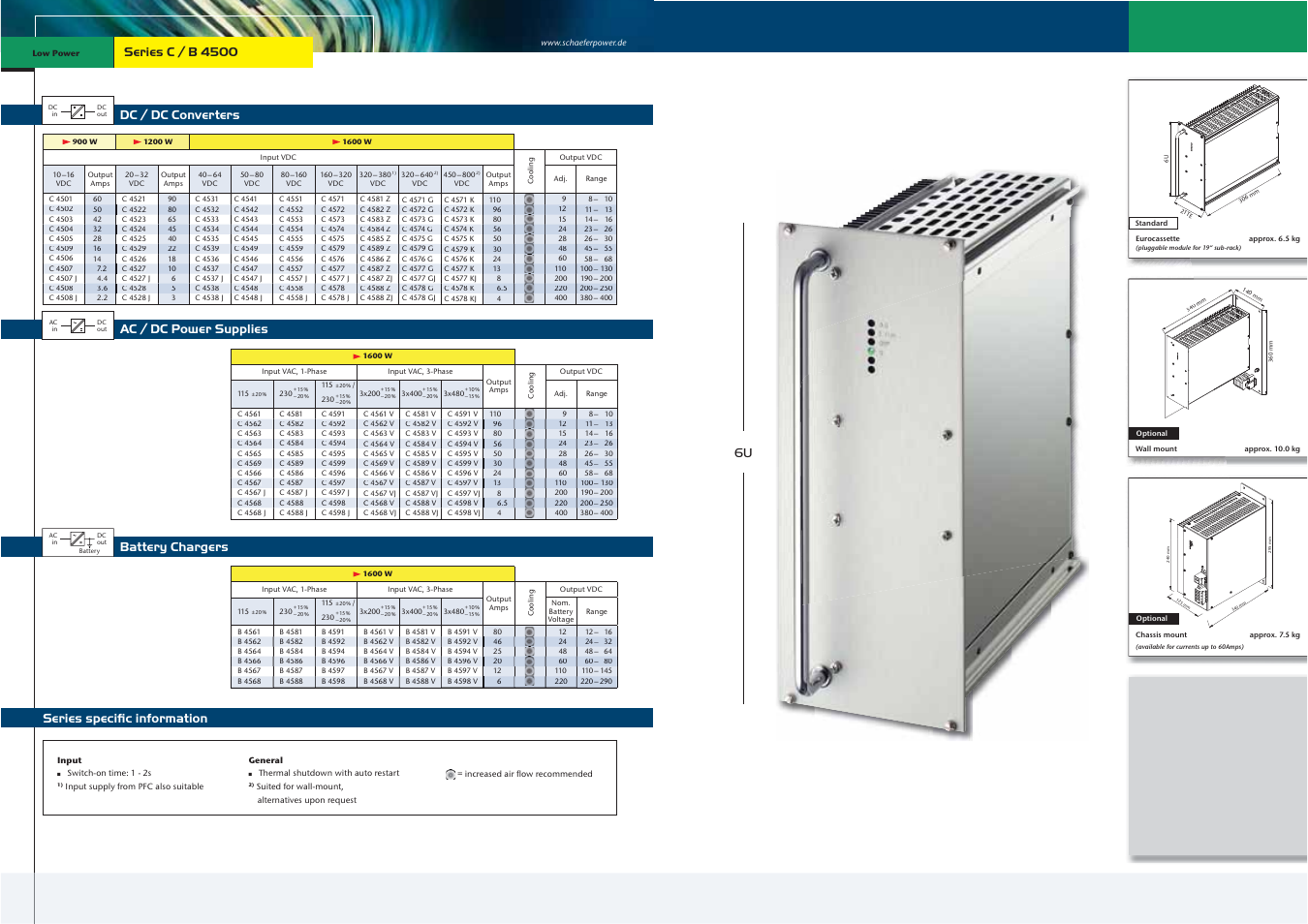 Dc / dc converters, Battery chargers, Series speciﬁc information ac / dc power supplies | Series c / b 4500 | Schaefer Series C/B 4500 User Manual | Page 3 / 18