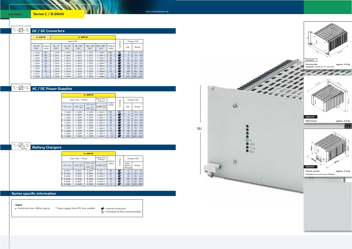 Dc / dc converters, Battery chargers, Series speciﬁc information ac / dc power supplies | Schaefer Series C/B 2600 User Manual | Page 3 / 13