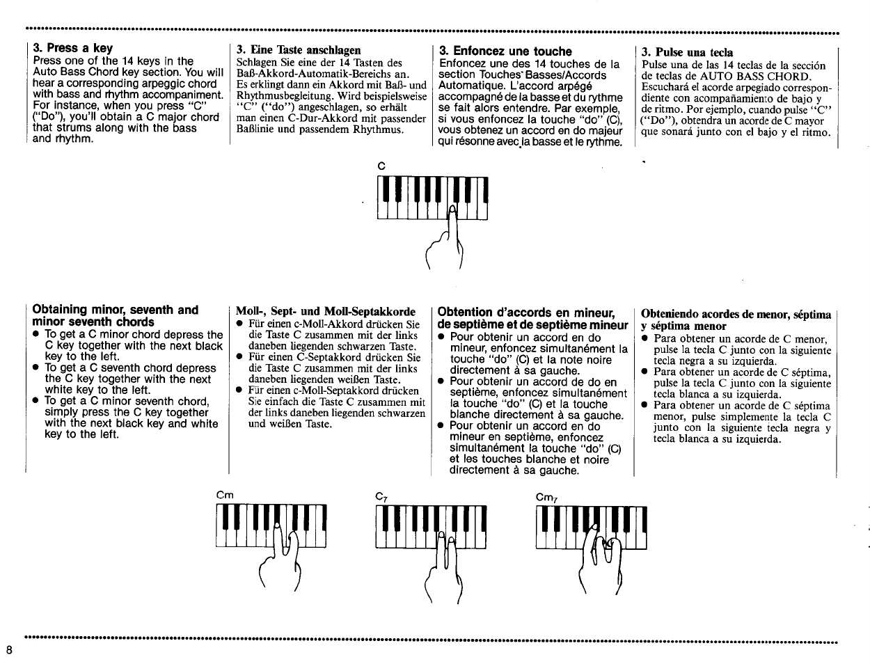 Press a key, Eine taste anschlagen, Enfoncez une touche | Pulse una tecla, Obtaining minor, seventh and, Minor seventh chords, Moll-, sept- und mou-septakkorde, Obteniendo acordes de menor, séptima | Yamaha PSS-160 User Manual | Page 10 / 20