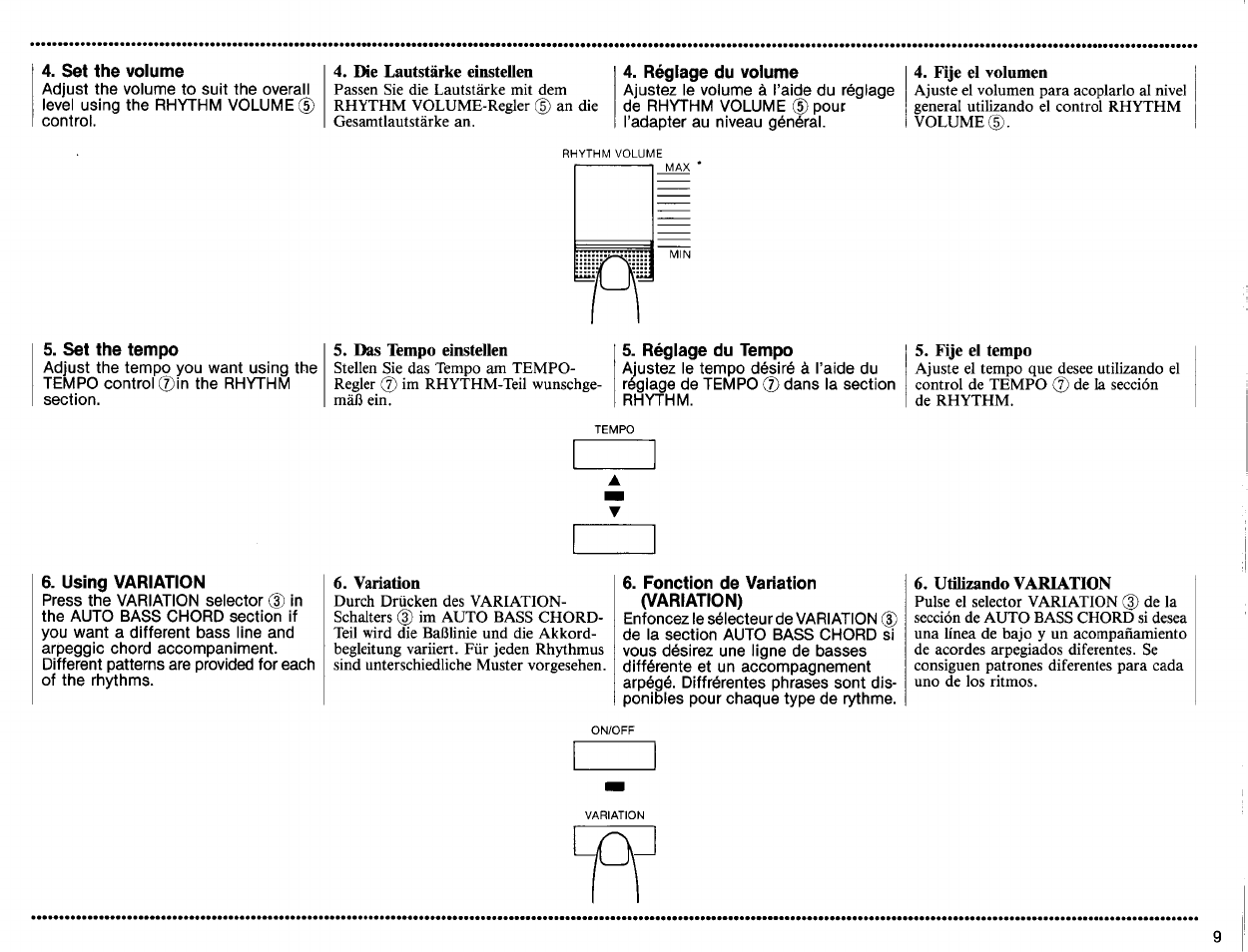 Set the volume, Réglage du volume, Set the tempo | Réglage du tempo, Using variation, Fonction de variation (variation) | Yamaha PSS-160 User Manual | Page 11 / 20
