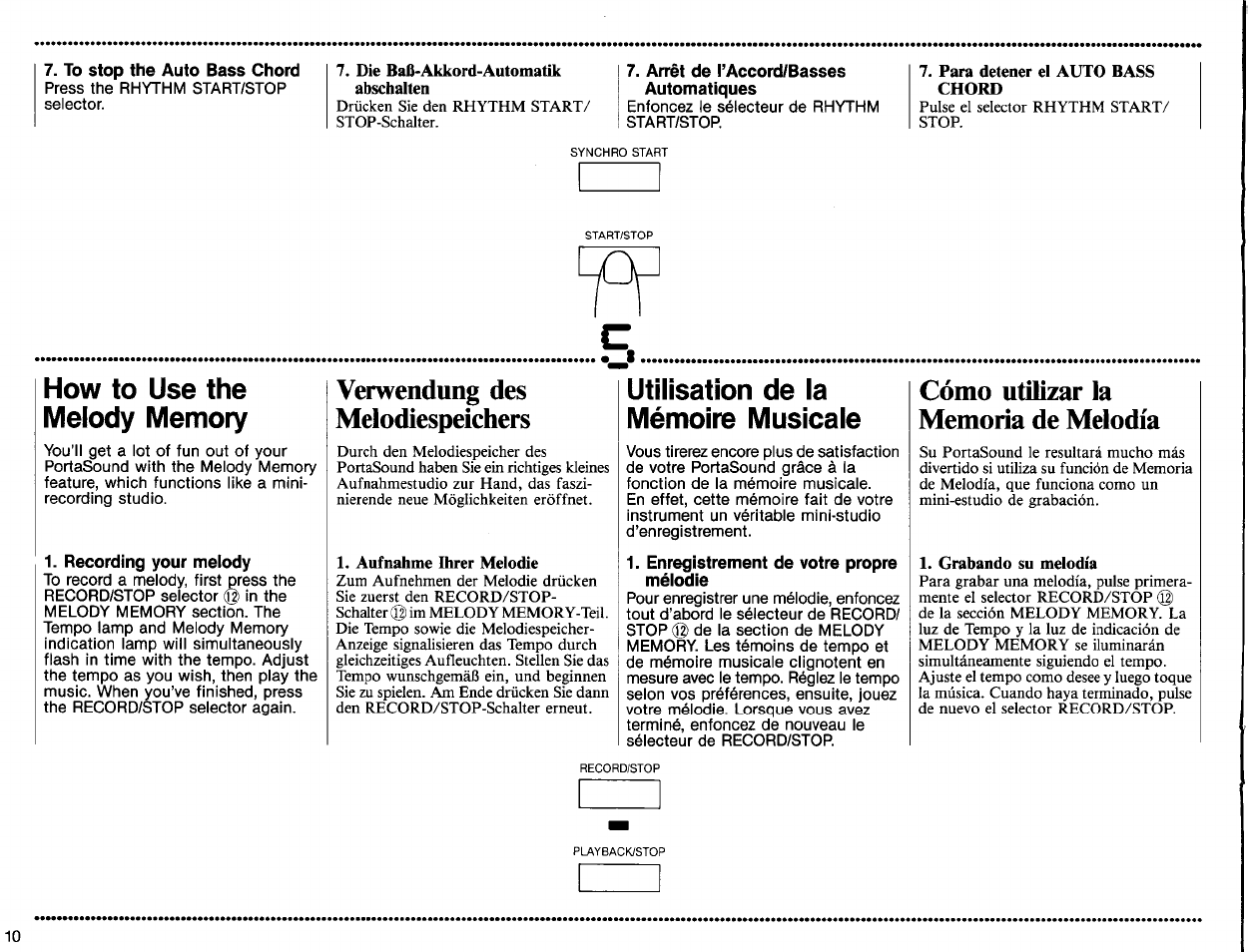 Recording your melody, Verwendung des melodiespeichers, Enregistrement de votre propre mélodie | Cómo utilizar la memoria de melodía, Utilisation de la mémoire musicale | Yamaha PSS-160 User Manual | Page 12 / 20