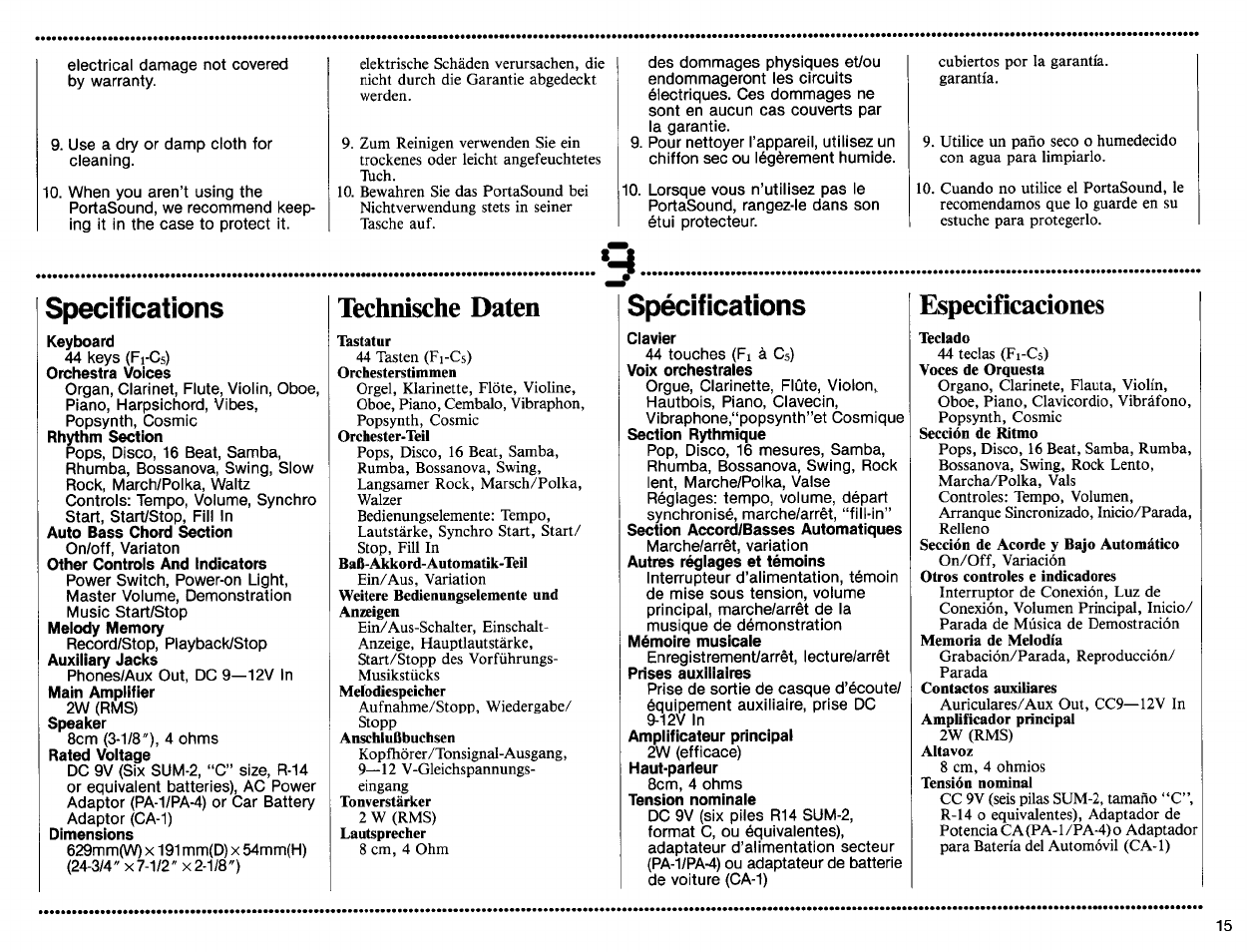 Technische daten, Clavier, Específícadones | Specifications, Spécifications | Yamaha PSS-160 User Manual | Page 17 / 20