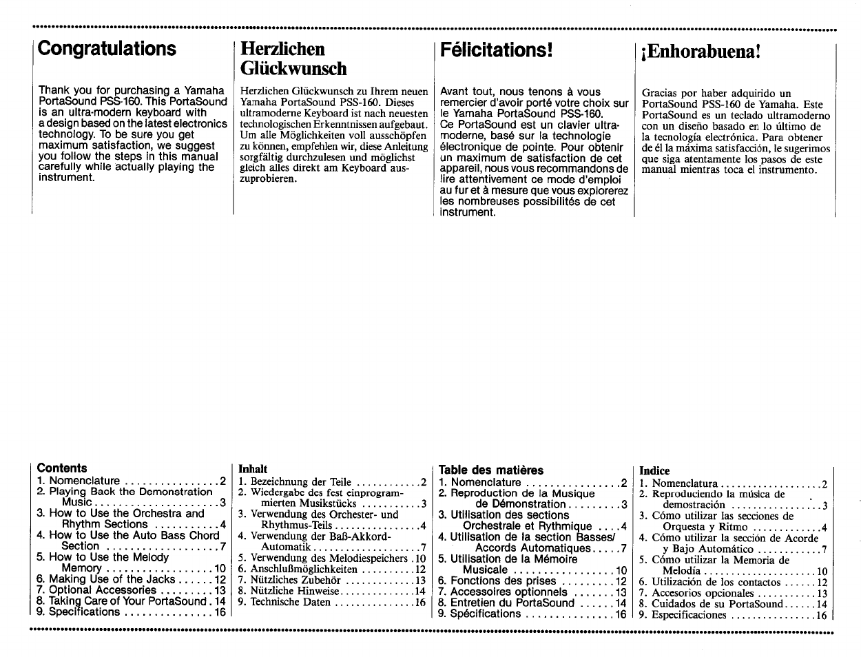 Herzlichen, Glückwunsch, Herzlichen glückwunsch | Félicitations, Enhorabuena | Yamaha PSS-160 User Manual | Page 2 / 20