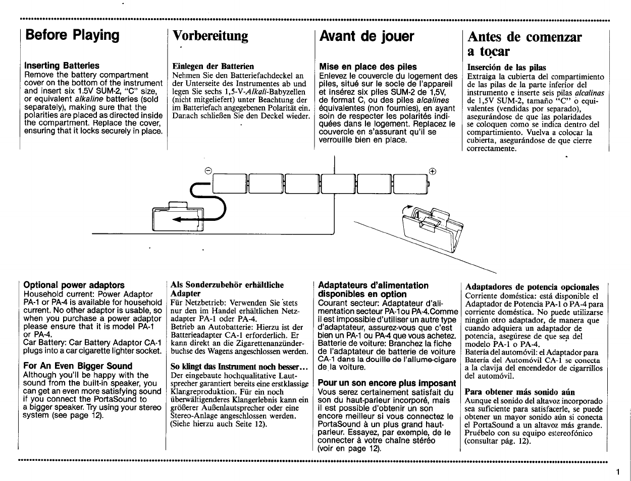 Vorbereitung, Antes de comenzar a tocar, Before playing | Avant de jouer | Yamaha PSS-160 User Manual | Page 3 / 20