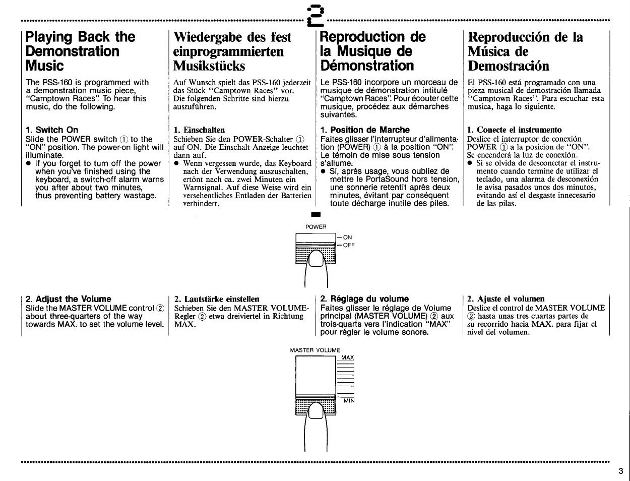 Switch on, Wiedergabe des fest, Einprogrammierten | Musikstücks, Einschalten, Position de marche, Reproducción de la música de demostración, Conecte el ínstramento, Adjust the volume, Lautstärke einstellen | Yamaha PSS-160 User Manual | Page 5 / 20