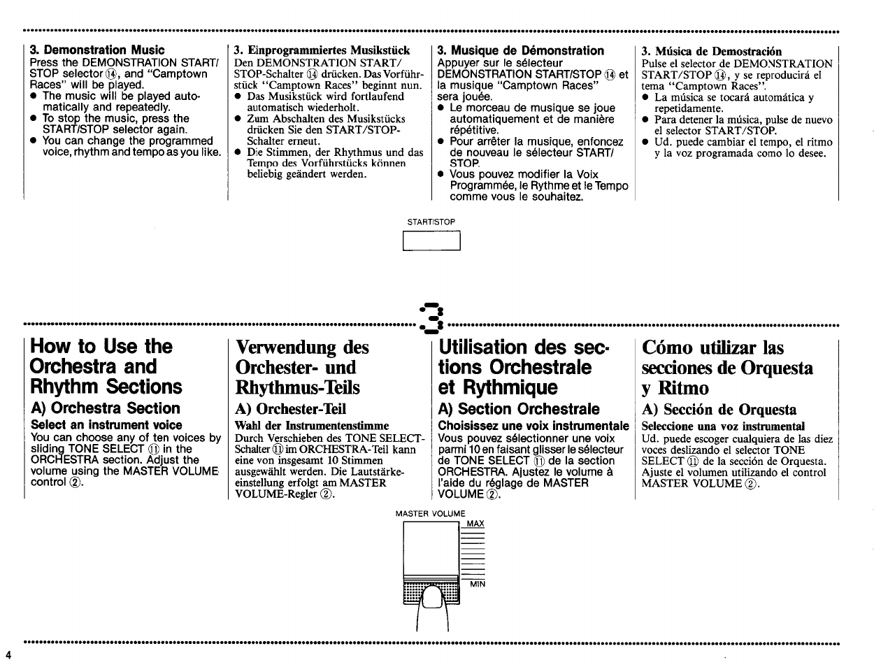 Einprogrammiertes musikstück, Música de demostración, Verwendung des orchester- und rhythmus-tefls | Cómo utilizar las secciones de orquesta y ritmo | Yamaha PSS-160 User Manual | Page 6 / 20