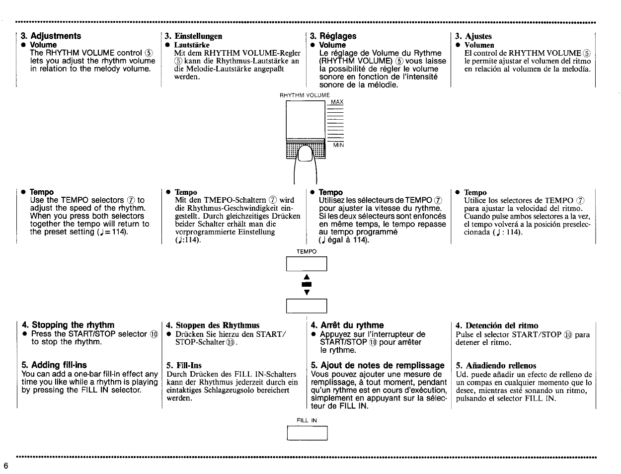 Adjustments • volume, Tempo, Stopping the rtiythm | Adding fill-ins, Réglages • volume, Stoppen des rhythmus, Ful-ins, Arrêt du rythme, Ajout de notes de remplissage, Detención del ritmo | Yamaha PSS-160 User Manual | Page 8 / 20