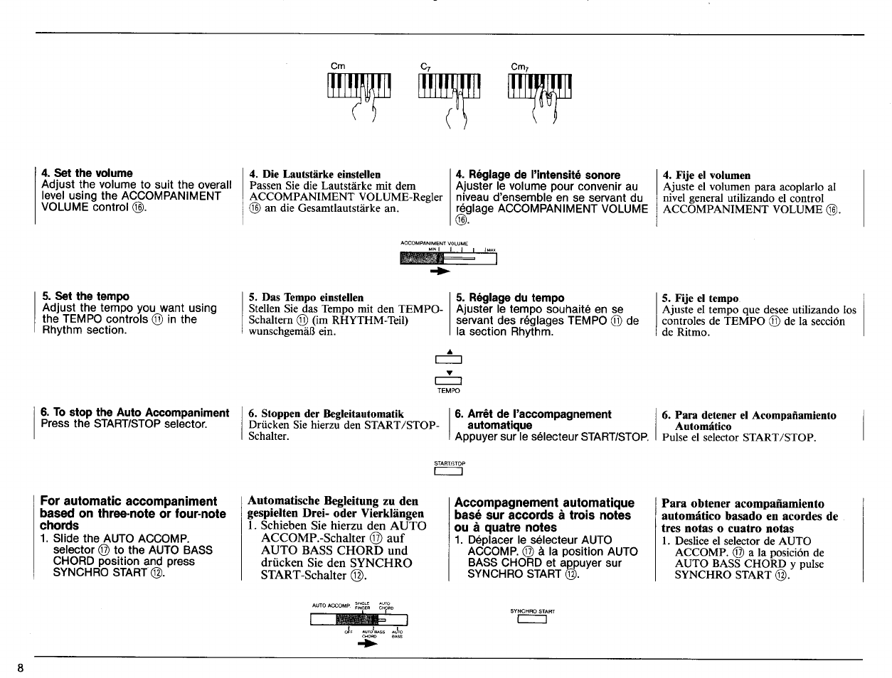 Set the volume, Réglage de l’intensité sonore, Set the tempo | Réglage du tempo, To stop the auto accompaniment, Arrêt de l’accompagnement automatique, Íir~n | Yamaha PSS-170 User Manual | Page 10 / 16