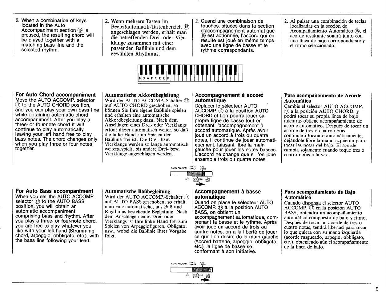For auto chord accompaniment, Accompagnement à accord automatique, Para acompañamiento de acorde automático | For auto bass accompaniment, Automatische baßbegleitung, Accompagnement à basse automatique, Para acompañamiento de bajo automático | Yamaha PSS-170 User Manual | Page 11 / 16