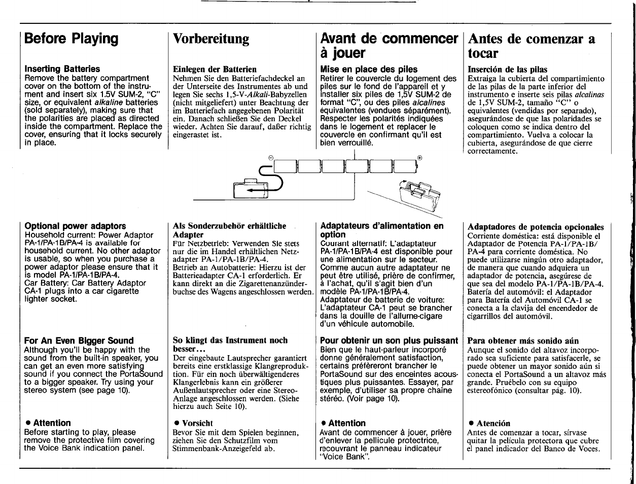 Inserting batteries, Optional power adaptors, For an even bigger sound | Attention, Vorbereitung, Mise en place des piles, Antes de comenzar a tocar, Adaptateurs d’alimentation en option, Pour obtenir un son plus puissant, Before playing | Yamaha PSS-170 User Manual | Page 2 / 16
