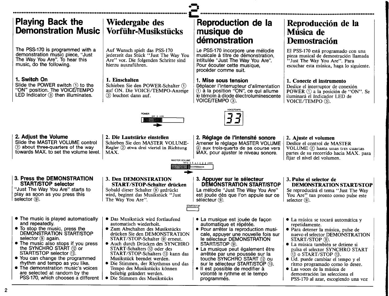 Switch on, Wiedergabe des vorführ-musikstücks, Mise sous tension | Reproducción de la música de demostración, Réglage de l’intensité sonore, Press the demonstration start/stop selector, Appuyer sur le sélecteur demonstration start/stop, Playing back the demonstration music, Reproduction de la musique de démonstration | Yamaha PSS-170 User Manual | Page 4 / 16