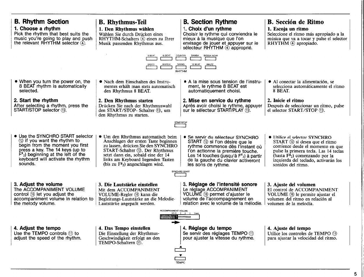 Choose a rhythm, Choix d’un rythme, Start the rhythm | Adjust the volume, Adjust the tempo, Mise en service du rythme, Réglage de l’intensité sonore, Réglage du tempo, B. rhythmus-teil, B. sección de ritmo | Yamaha PSS-170 User Manual | Page 7 / 16