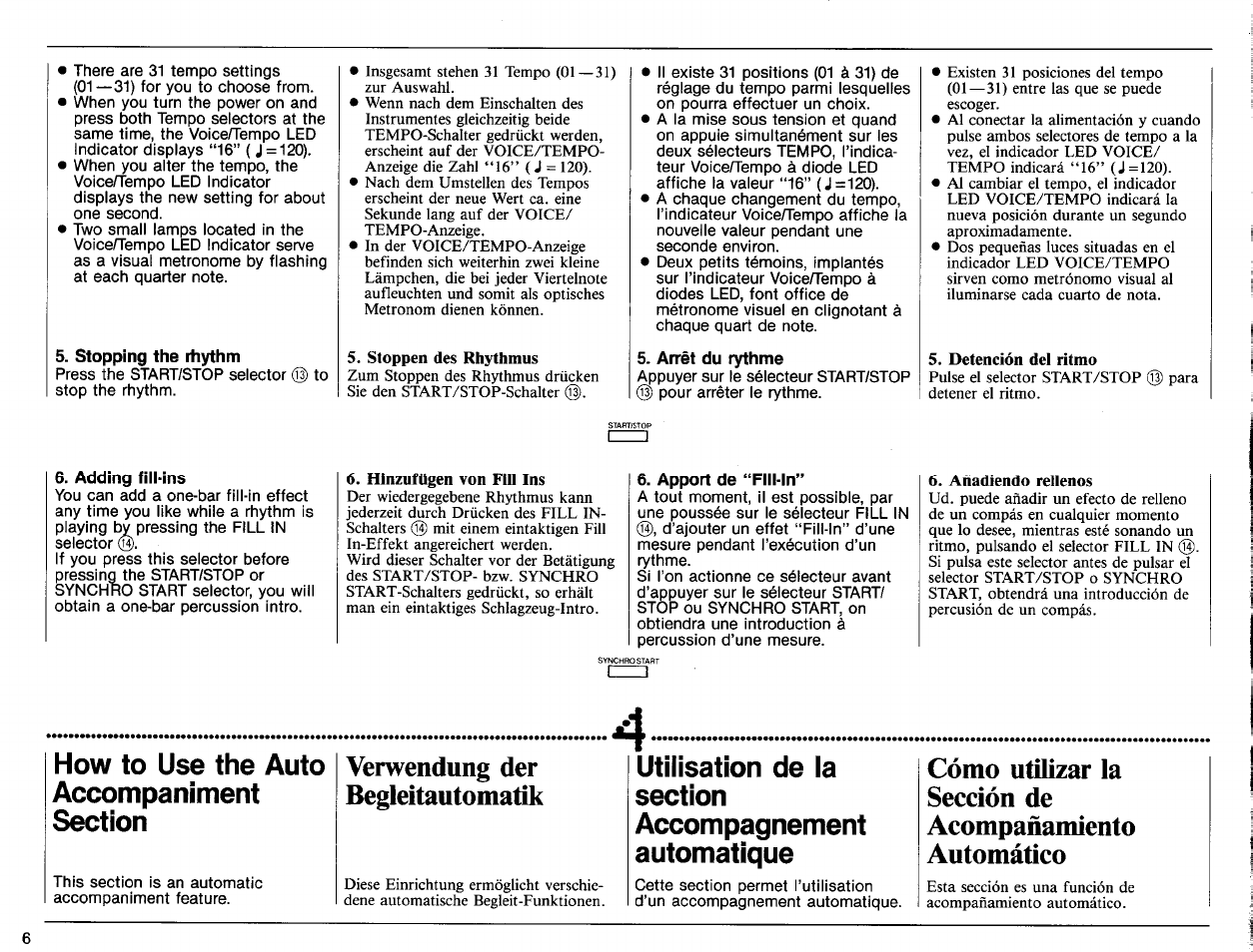 Stopping the rhythm, Adding fiii-ins, Arrêt du rythme | Apport de “filmn, Verwendung der begleitautomatík | Yamaha PSS-170 User Manual | Page 8 / 16