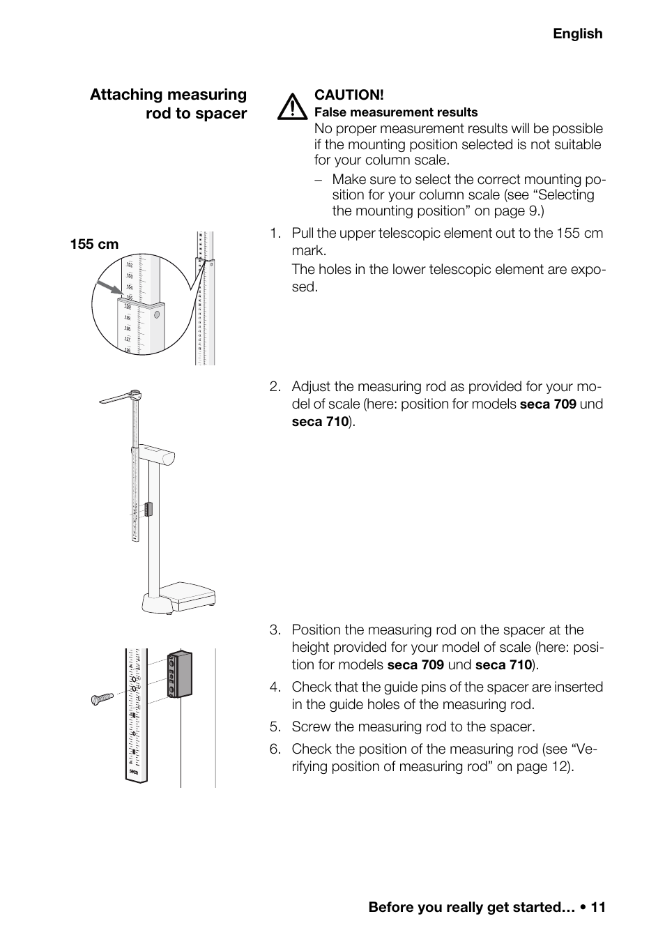 Attaching measuring rod to spacer, Attaching measuring rod, To spacer | Seca 220 User Manual | Page 11 / 24