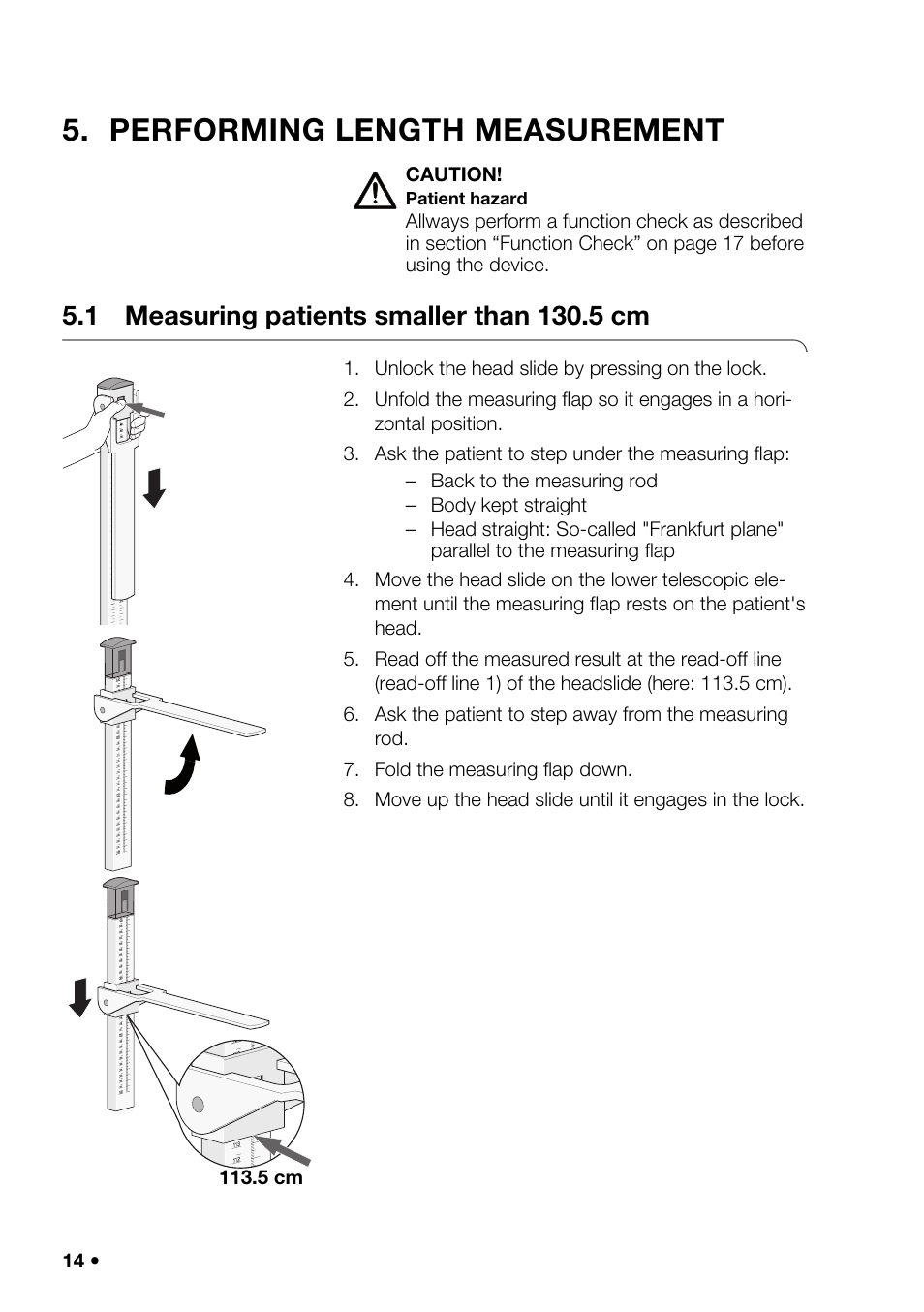 Performing length measurement, 1 measuring patients smaller than 130.5 cm, Performing length | Measurement, 1 measuring patients, Smaller than 130.5 cm | Seca 220 User Manual | Page 14 / 24