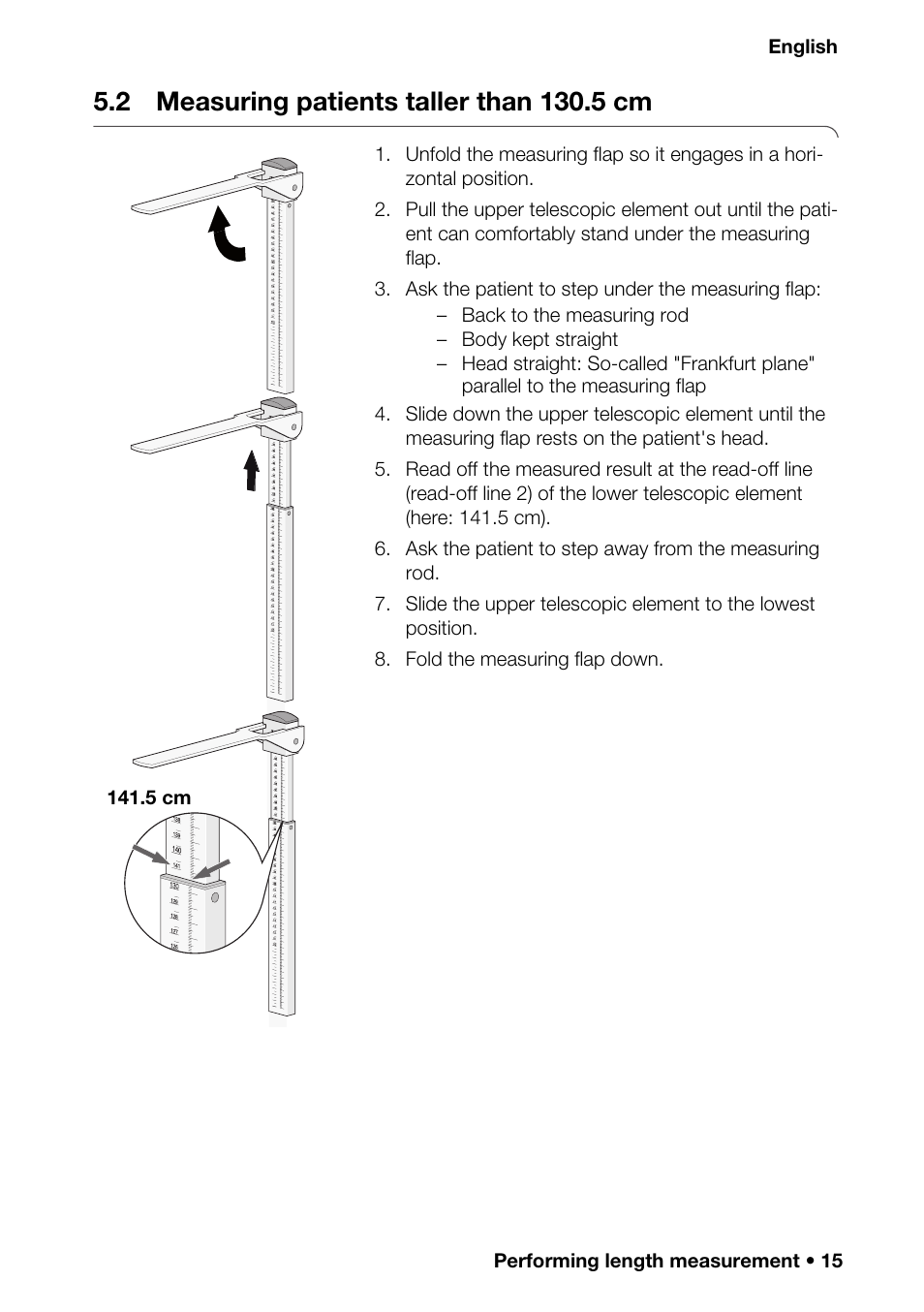 2 measuring patients taller than 130.5 cm, 2 measuring patients, Taller than 130.5 cm | Seca 220 User Manual | Page 15 / 24