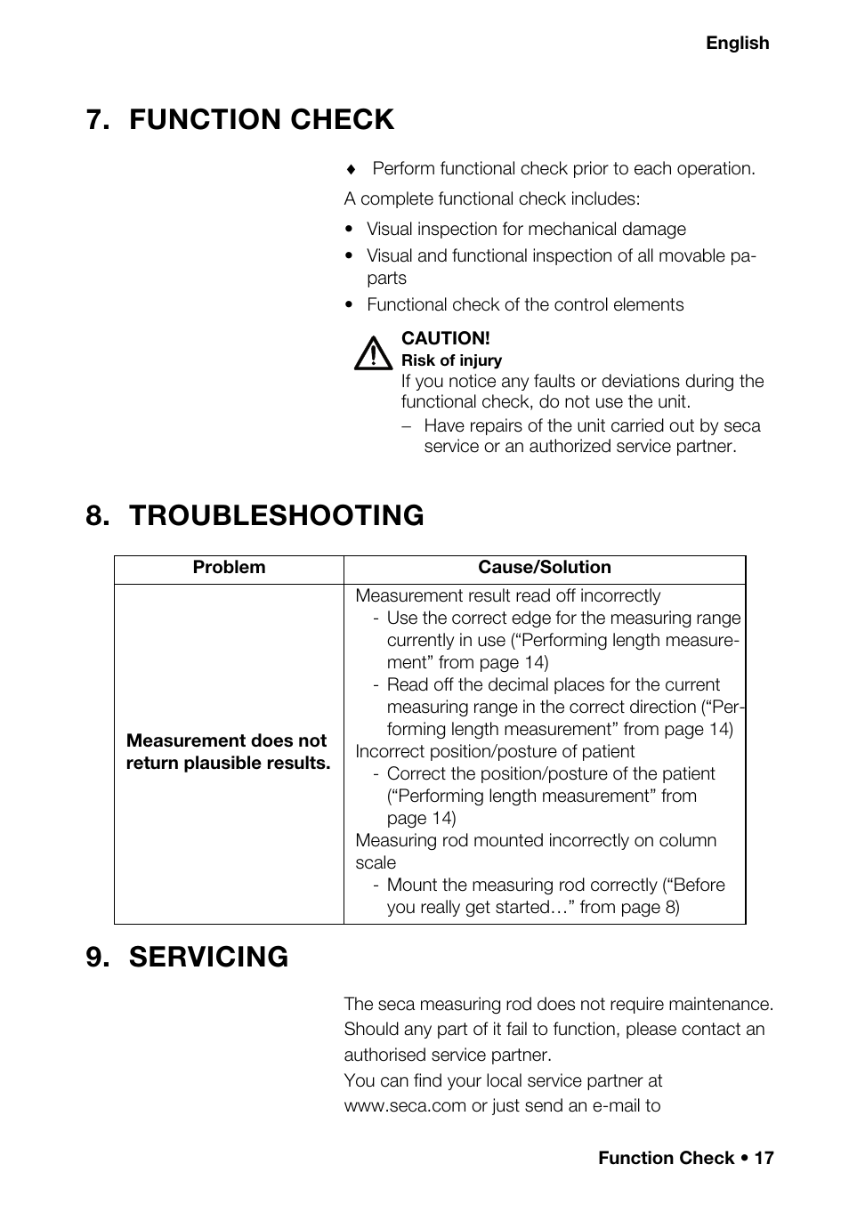 Function check, Troubleshooting, Servicing | Troubleshooting 9. servicing | Seca 220 User Manual | Page 17 / 24