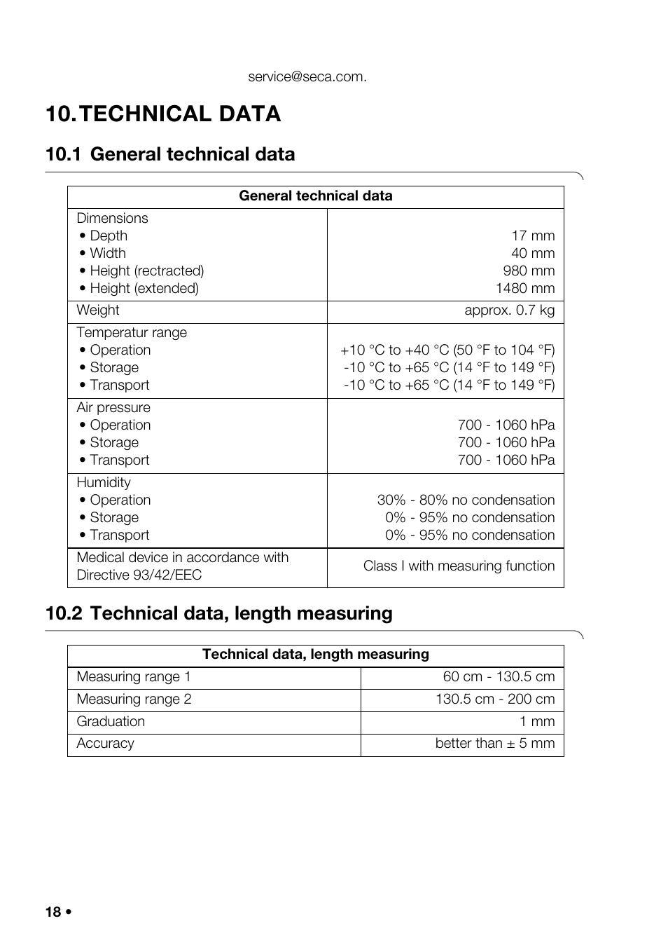 Technical data, 1 general technical data, 2 technical data, length measuring | 1 general technical data 10.2 technical data, Length measuring | Seca 220 User Manual | Page 18 / 24