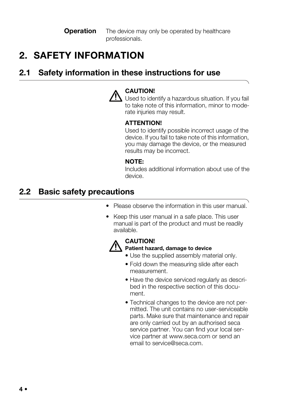 Operation, Safety information, 1 safety information in these instructions for use | 2 basic safety precautions, 1 safety information in these, Instructions for use | Seca 220 User Manual | Page 4 / 24