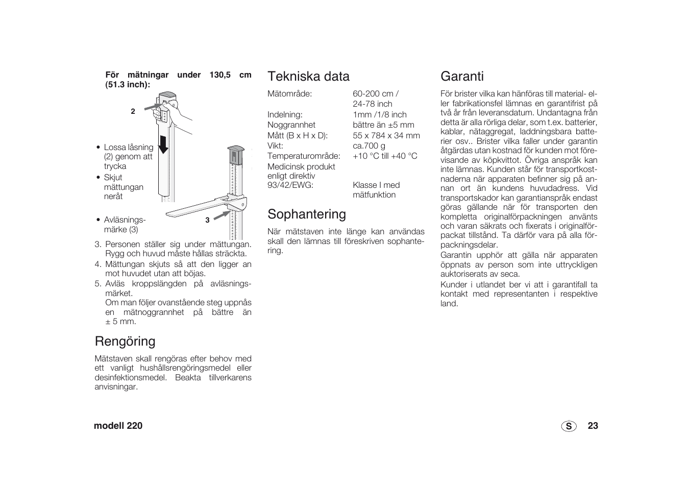 Rengöring, Tekniska data, Sophantering | Garanti | Seca 220 User Manual | Page 23 / 48